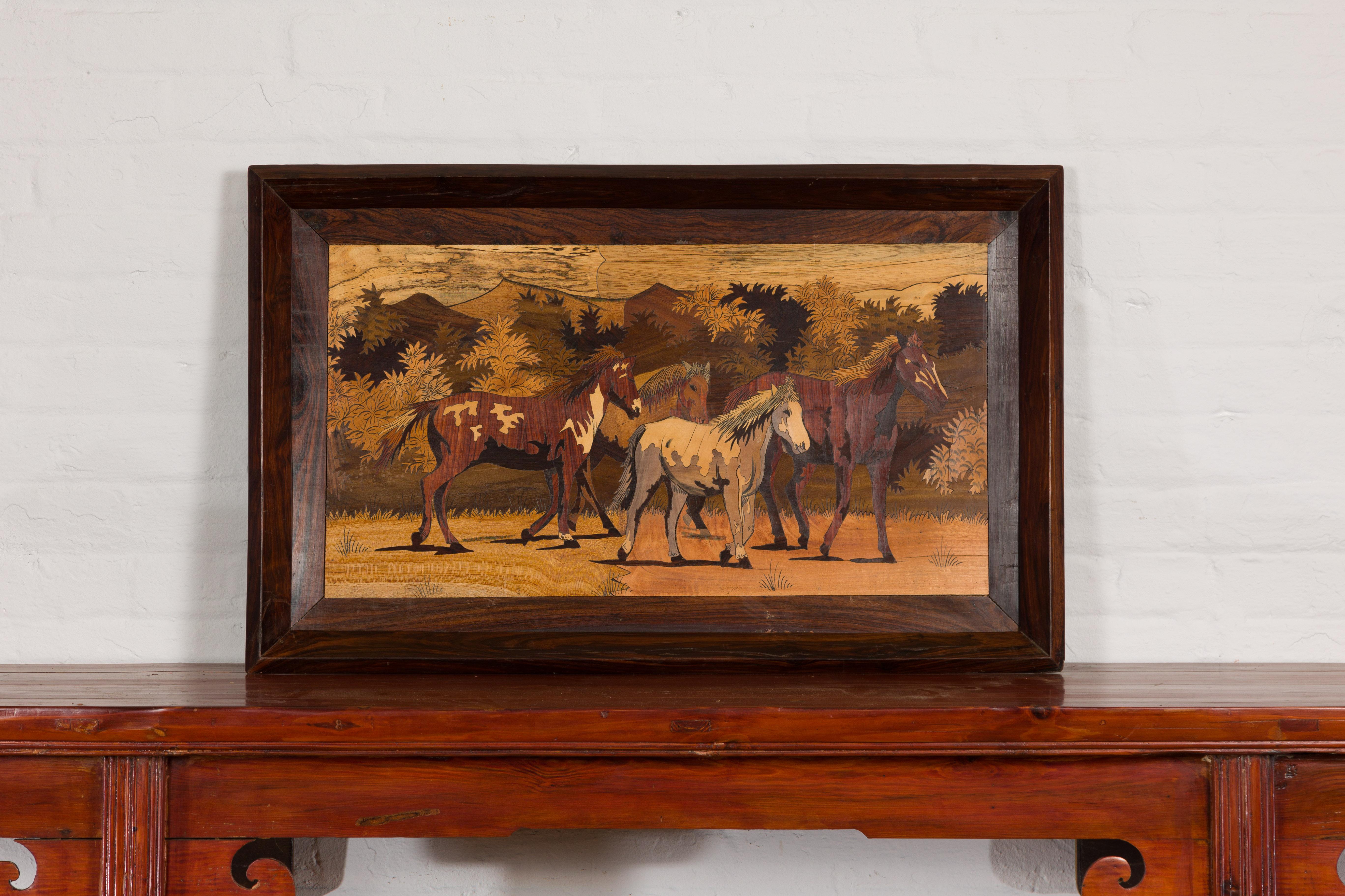 Inlay Vintage Framed Painting of Four Horses For Sale
