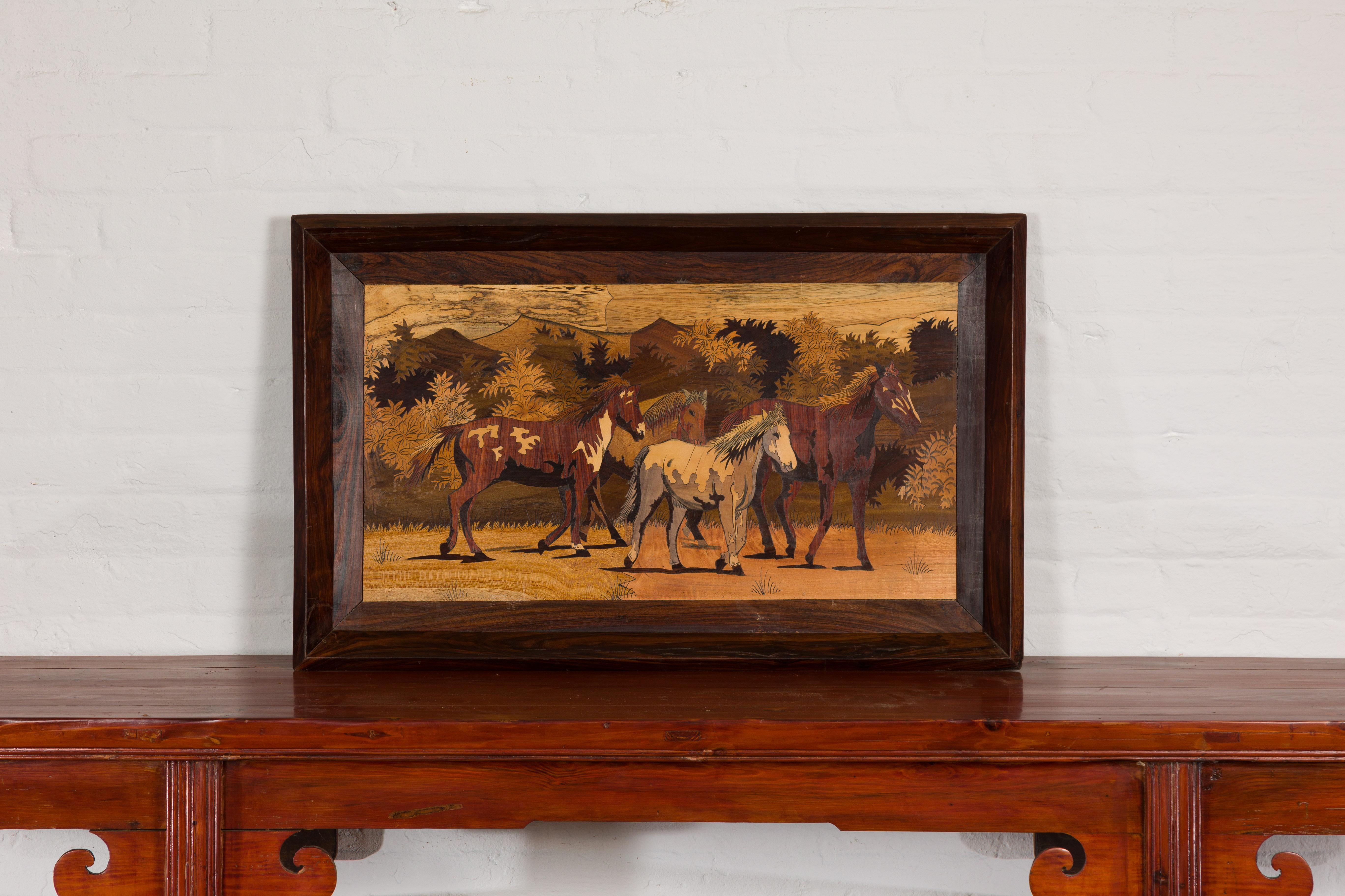 Vintage Framed Painting of Four Horses In Good Condition For Sale In Yonkers, NY