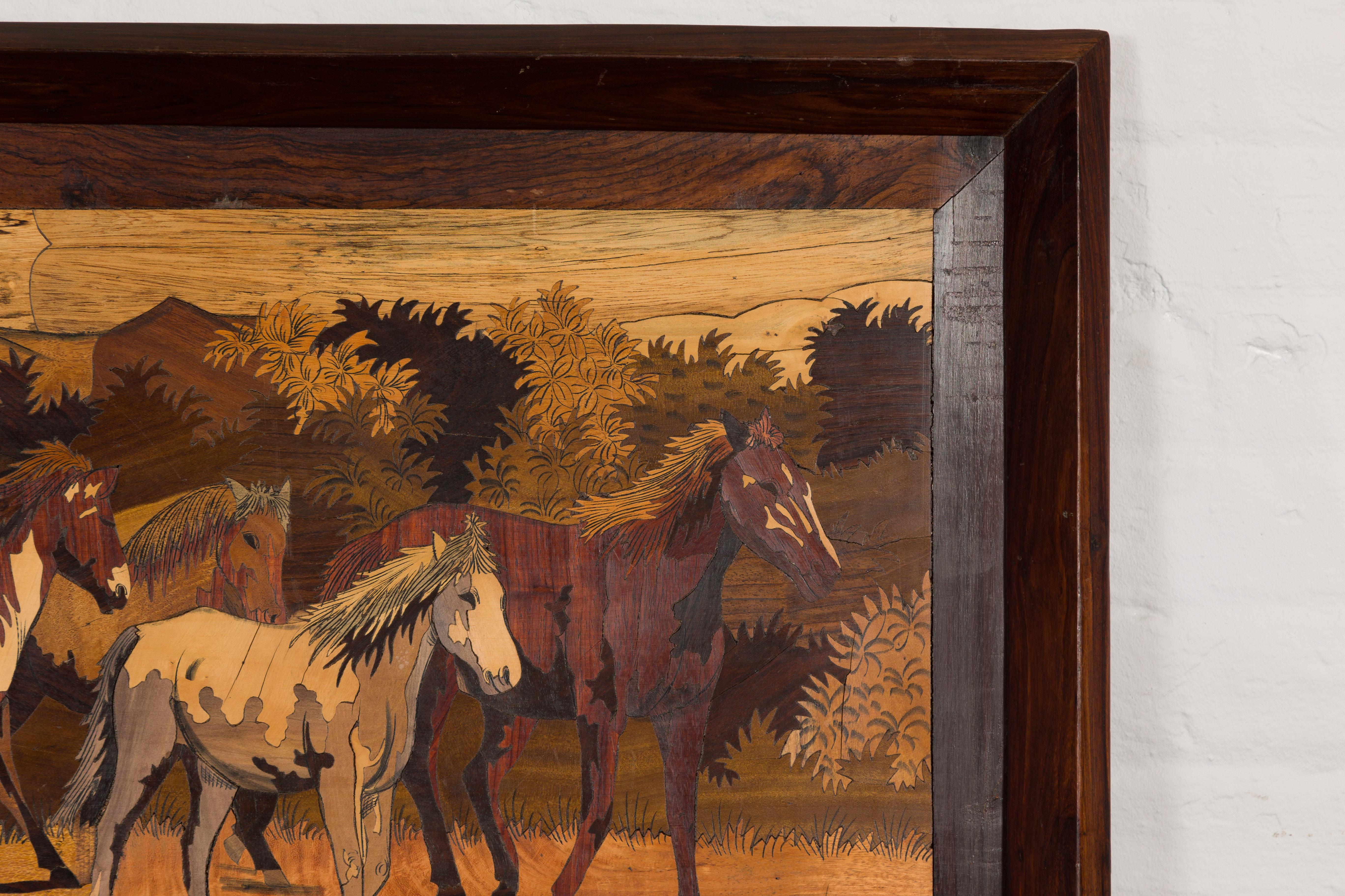 Wood Vintage Framed Painting of Four Horses For Sale