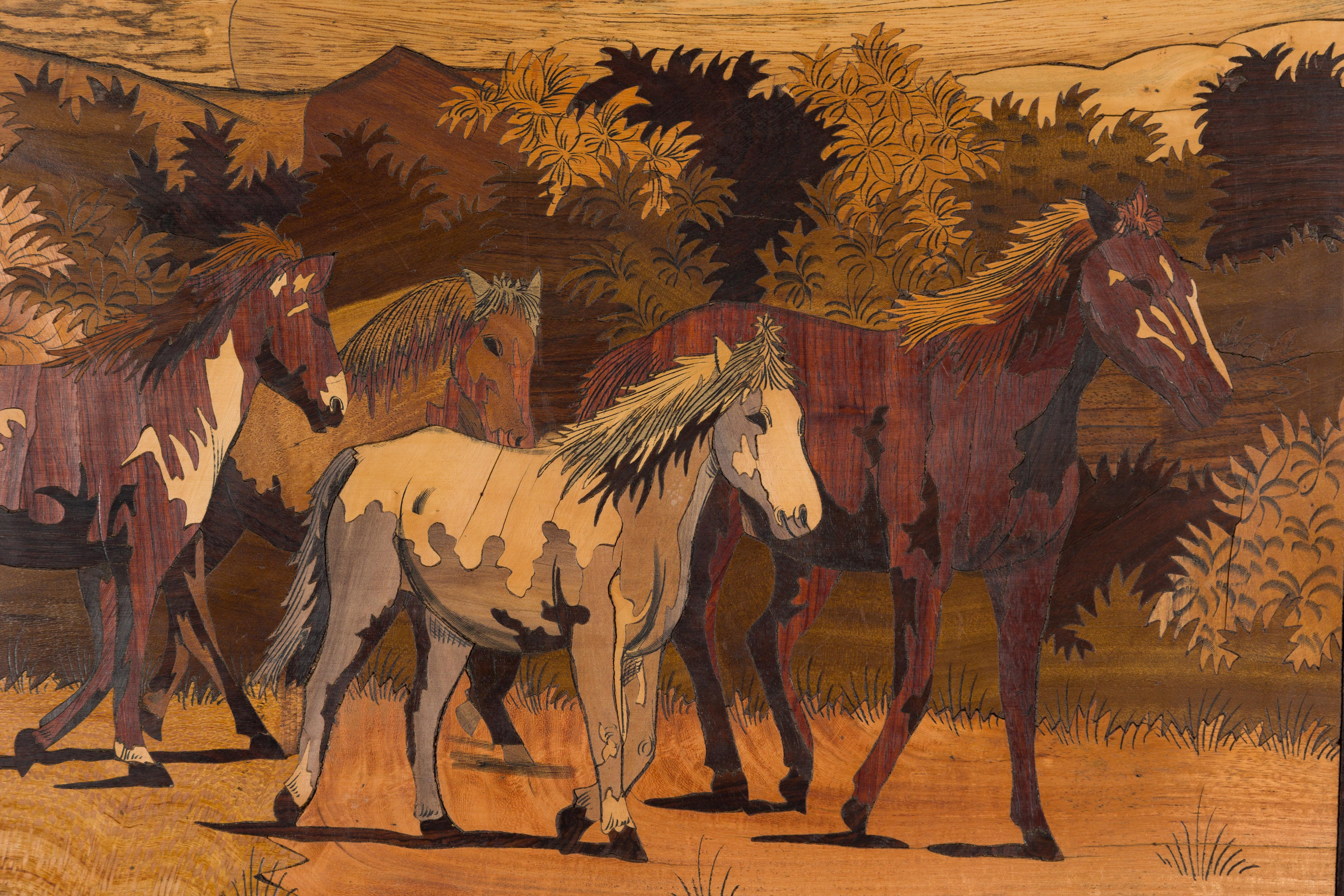 Vintage Framed Painting of Four Horses For Sale 1