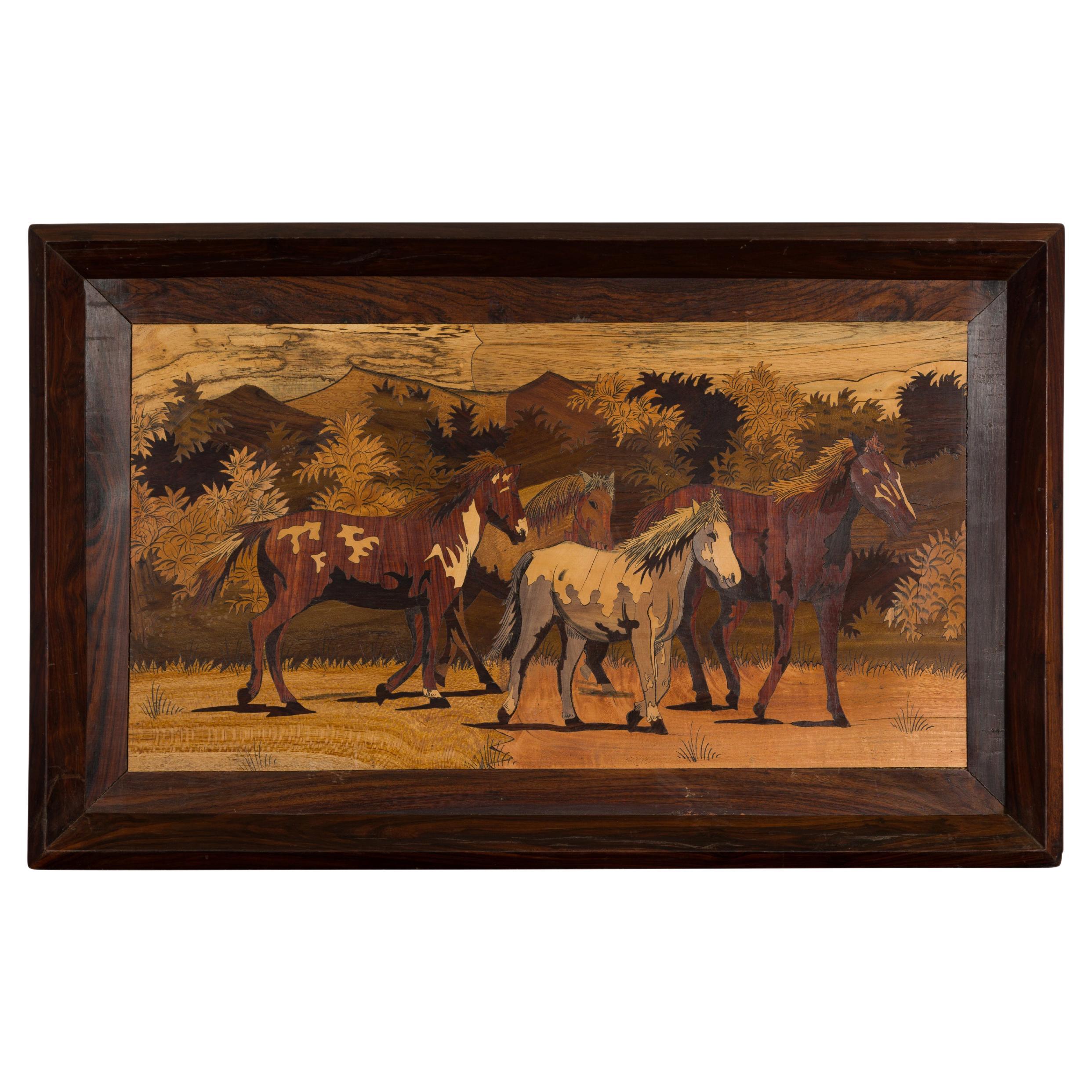 Vintage Framed Painting of Four Horses For Sale