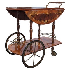 Chariot de bar italien vintage en bois marqueté avec motifs floraux