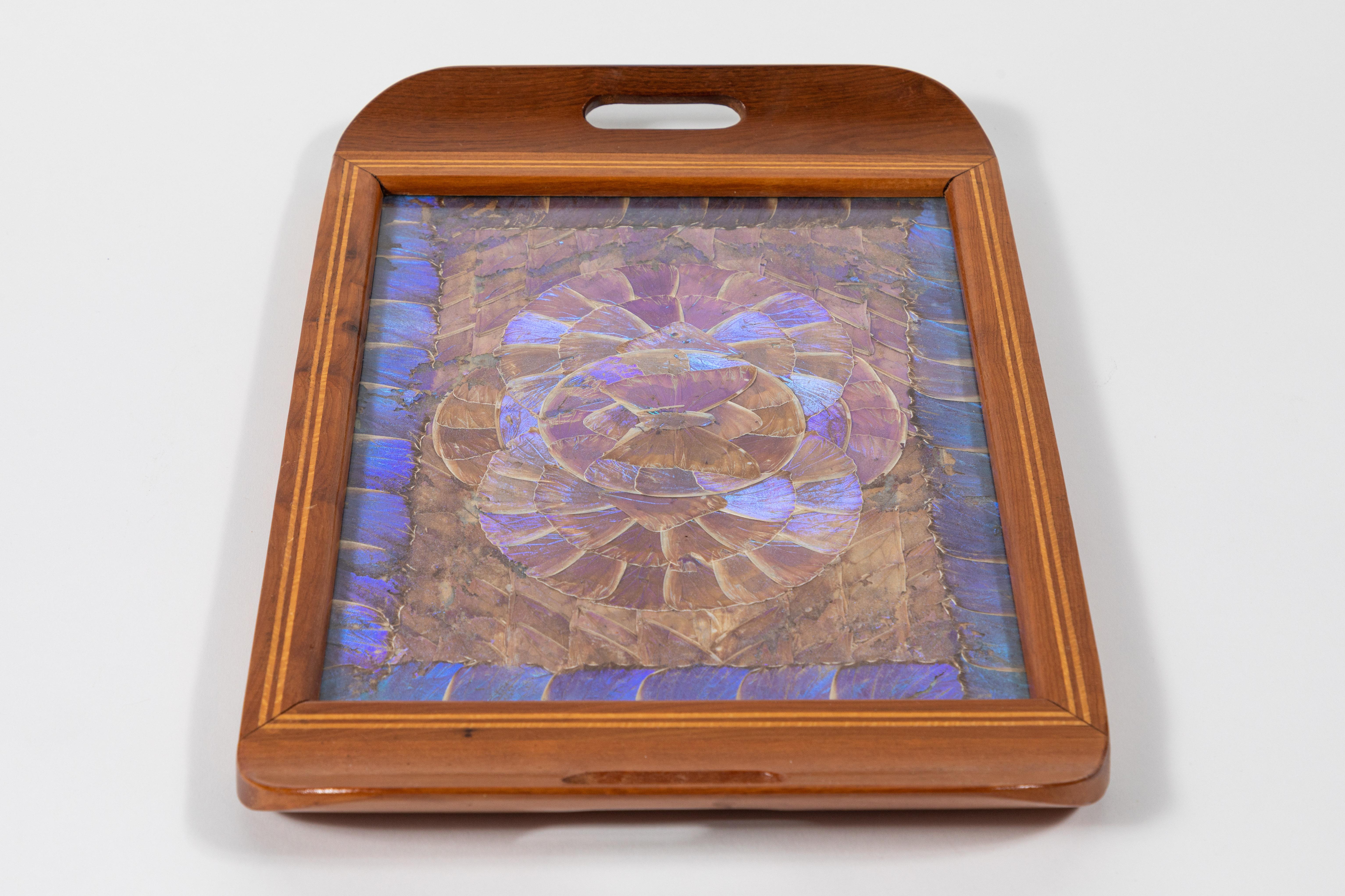 Hand-Carved Vintage Inlaid Wood Tray with Morpho Butterfly Wings, circa 1940s