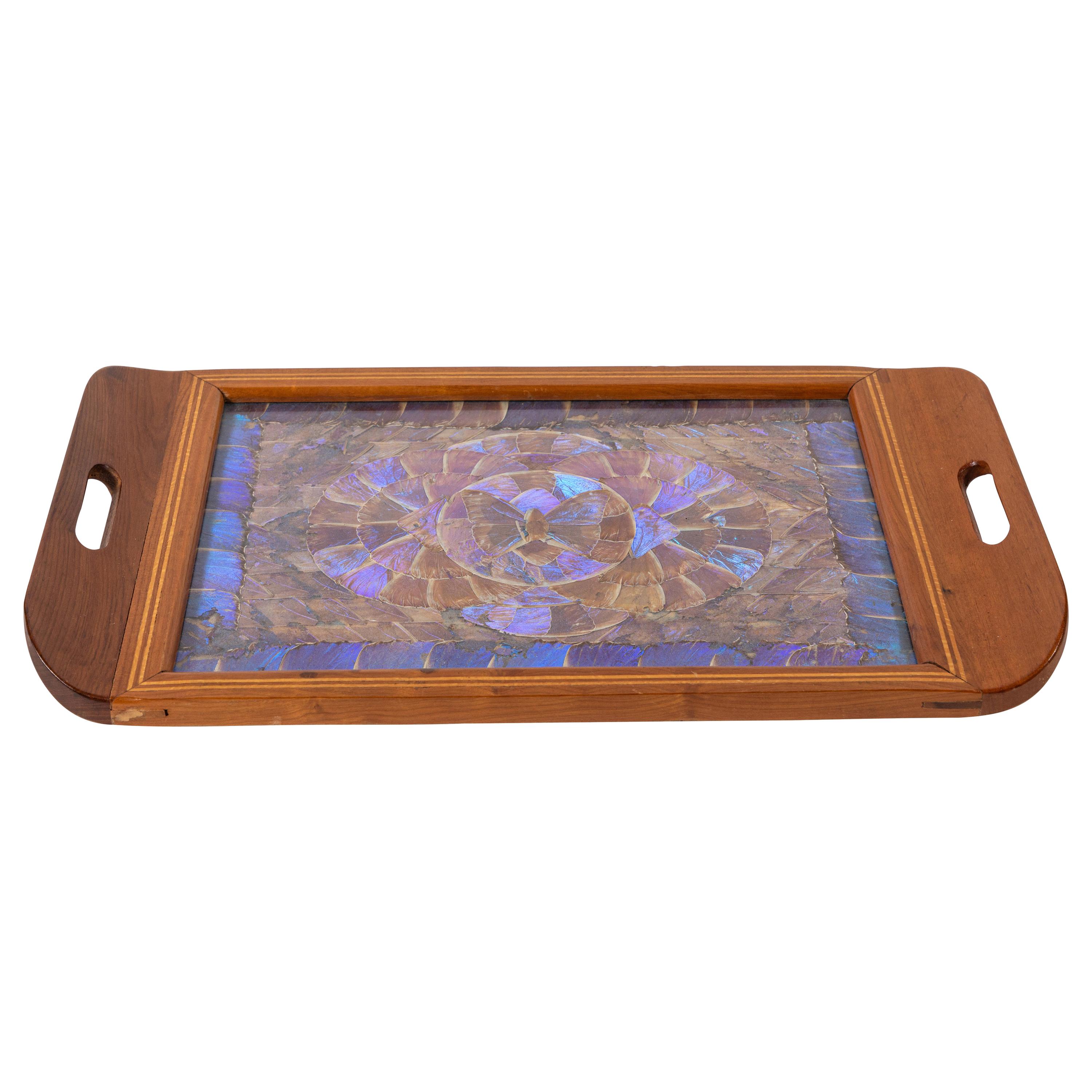 Vintage Inlaid Wood Tray with Morpho Butterfly Wings, circa 1940s