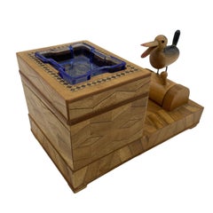 Vintage Inlay Carved Wood Cigarette Box Holder Dispenser with Ashtray and Mechan
