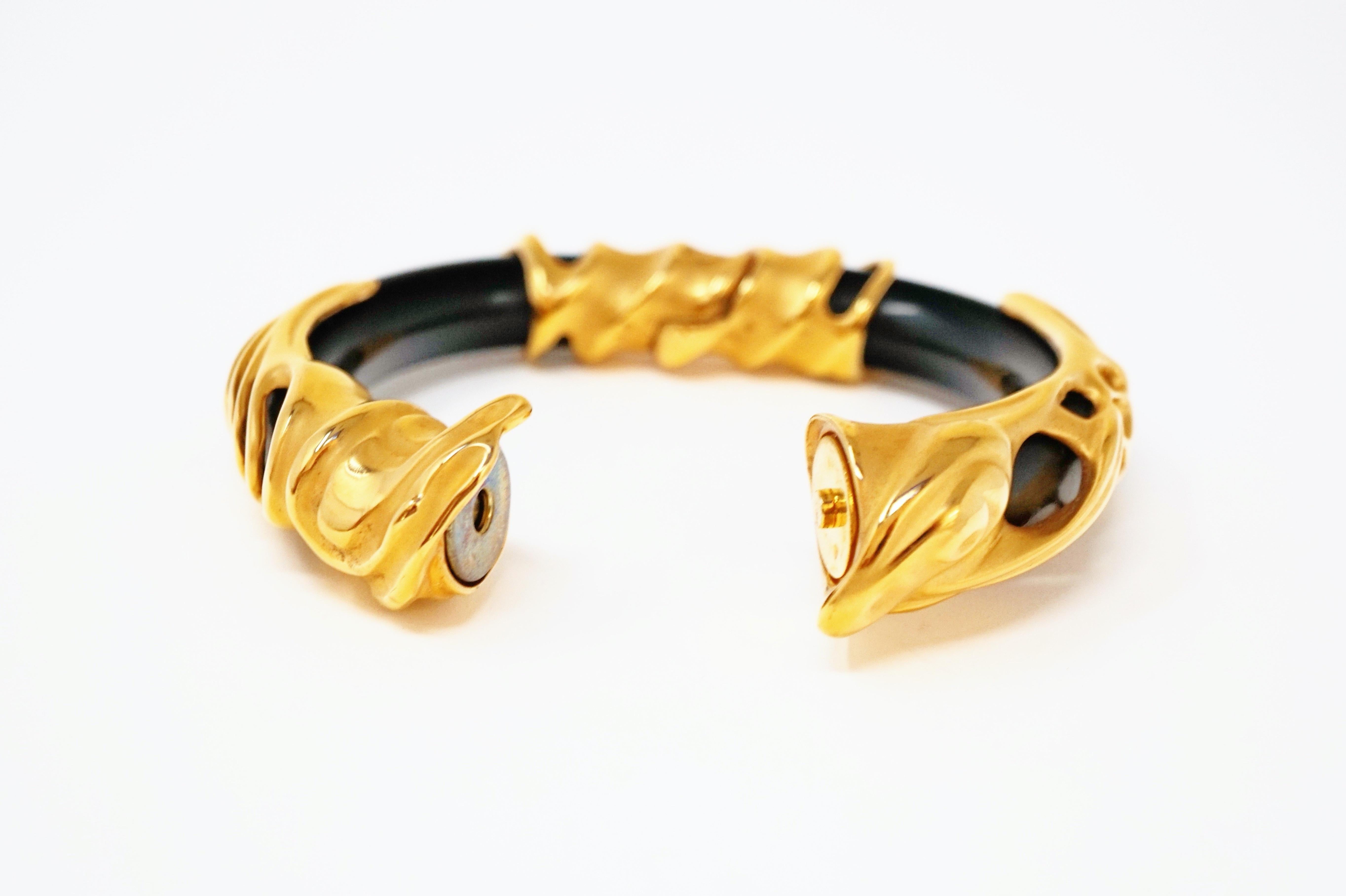 Vintage Inna Cytrine Chunky Black Lucite Gilded Bangle Bracelet, 1980s 1