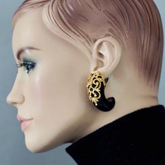 Vintage INNA CYTRINE Ornate Filigree Black Demi Hoop Earrings