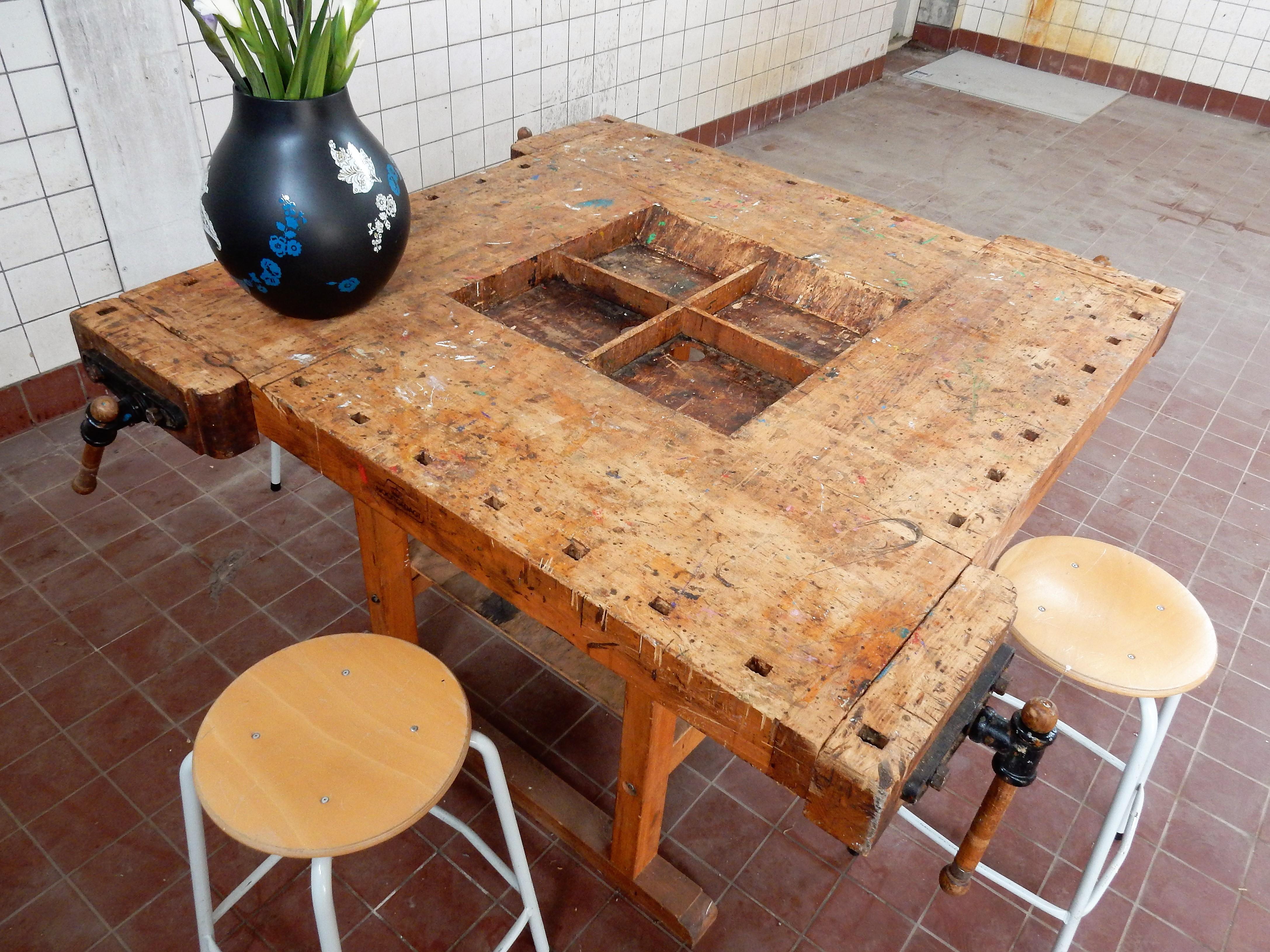 Mid-Century Modern Vintage Industrial 4-Sided Workbench/Table by Nooitgedagt.