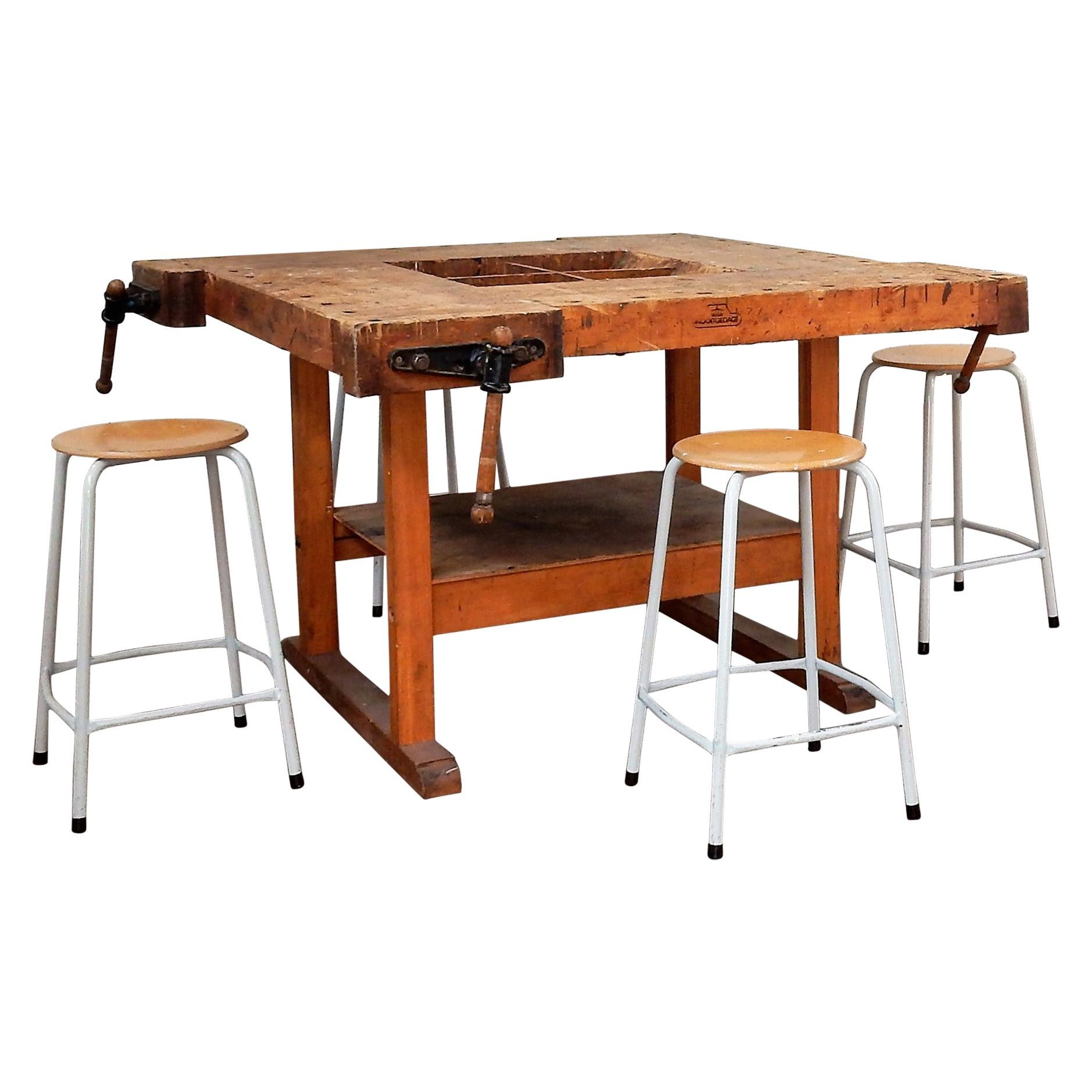 Vintage Industrial 4-Sided Workbench/Table by Nooitgedagt.