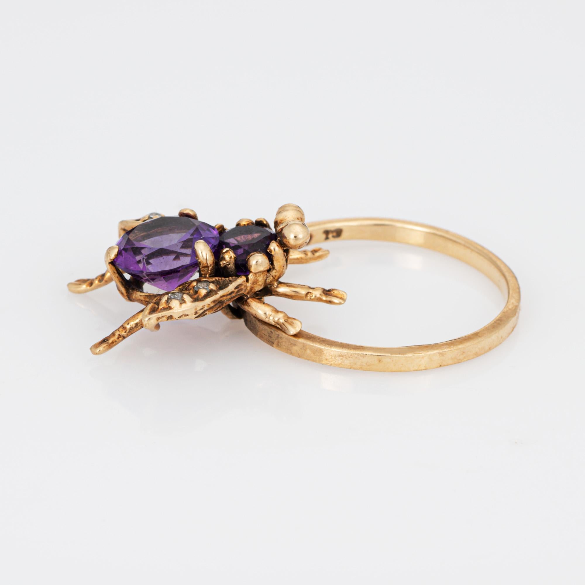 Modern Vintage Insect Ring Amethyst Diamond 14k Yellow Gold Sz 6 Movable Charm Jewelry For Sale