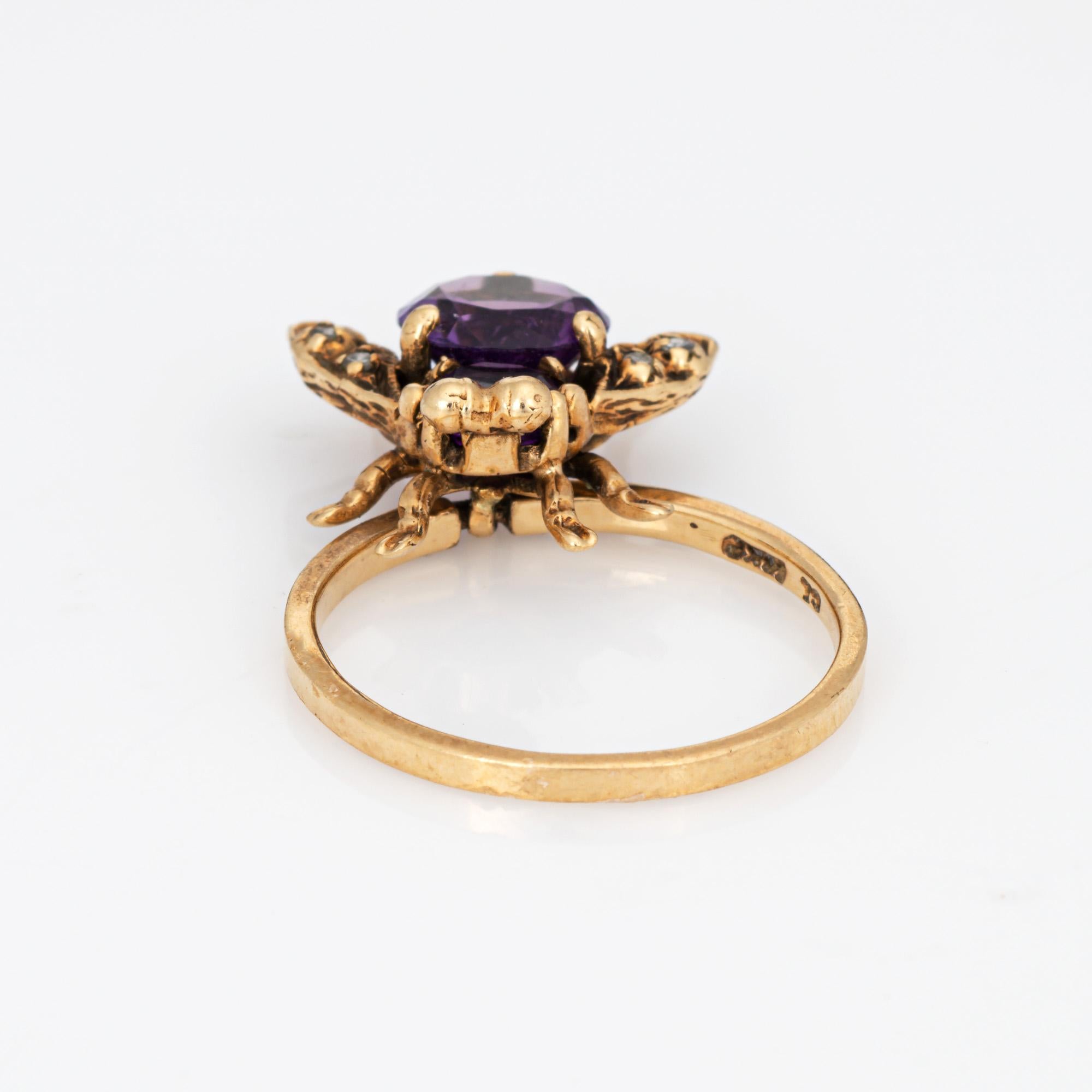 Round Cut Vintage Insect Ring Amethyst Diamond 14k Yellow Gold Sz 6 Movable Charm Jewelry For Sale