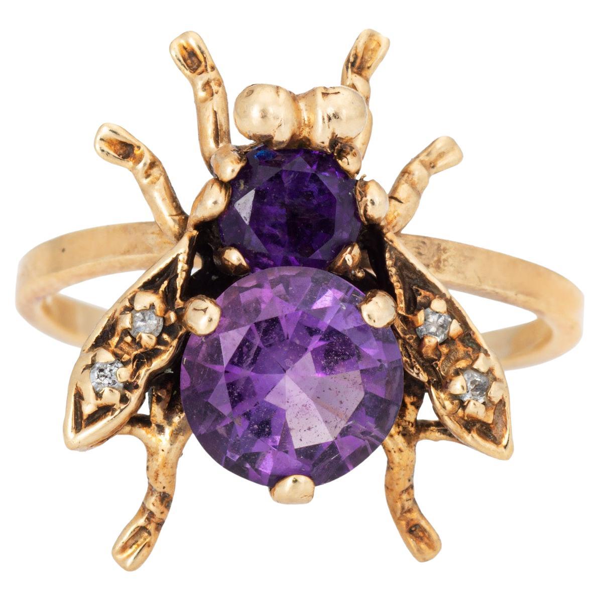 Vintage Insect Ring Amethyst Diamond 14k Yellow Gold Sz 6 Movable Charm Jewelry For Sale