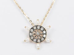 Vintage-Inspired 0.31ct Old Mine Cut Diamond and Pearl Wheel Pendant 14K Gold