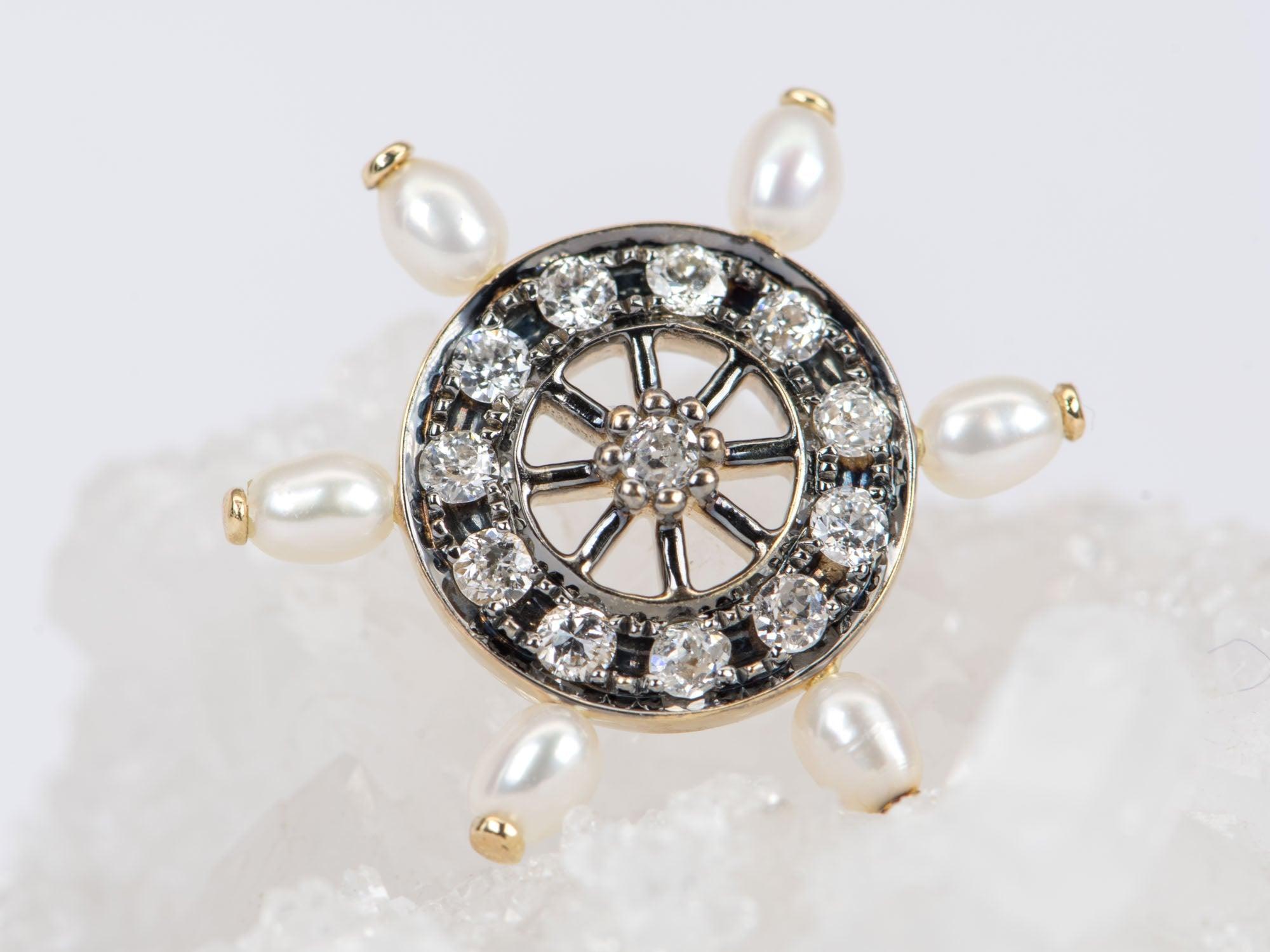 Round Cut Vintage-Inspired 0.31ct Old Mine Cut Diamond and Pearl Wheel Pendant 14K Gold For Sale
