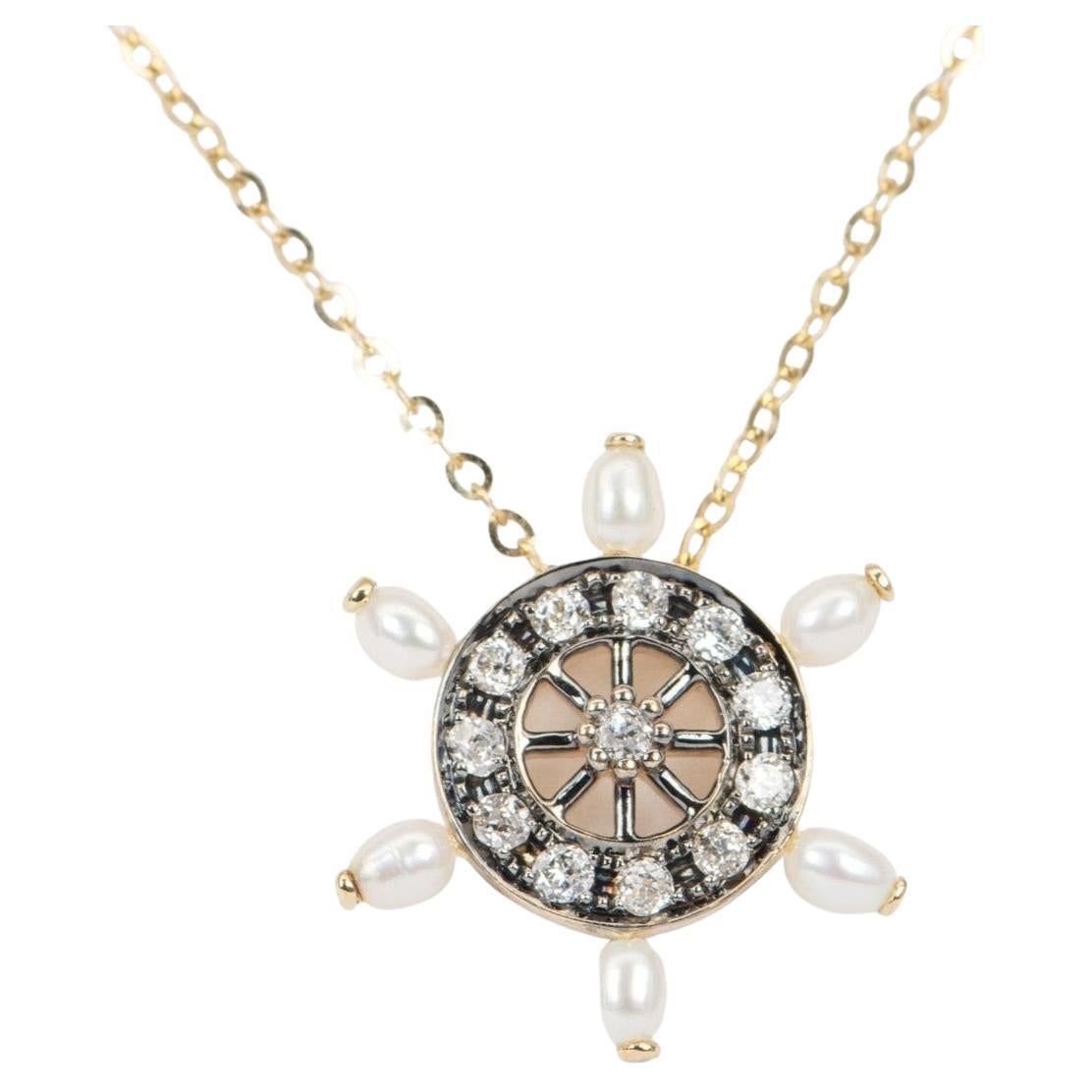 Vintage-Inspired 0.31ct Old Mine Cut Diamond and Pearl Wheel Pendant 14K Gold For Sale