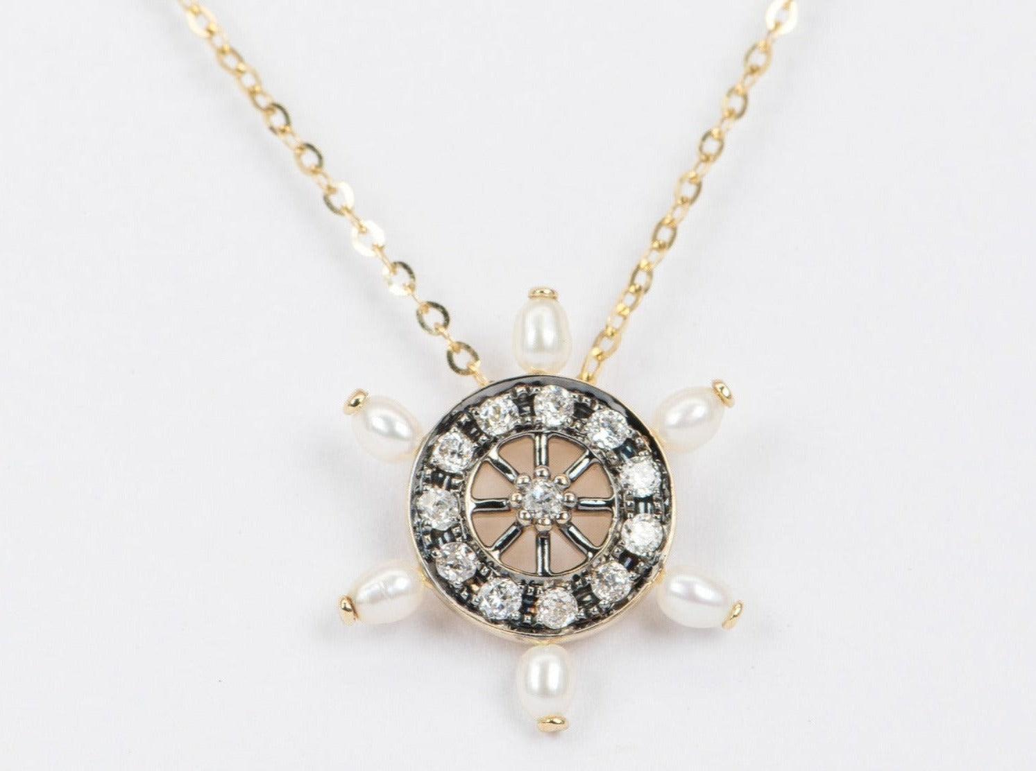 ♥ Solid 14k yellow gold vintage inspired pearl and diamond wheel pendant
♥ The item measures 19.8mm in length, 17.5mm in width, and 13.2mm in height.

♥ Gemstone: Freshwater pearls (all natural colors, no dye or treatment)
♥ All stone(s) used are