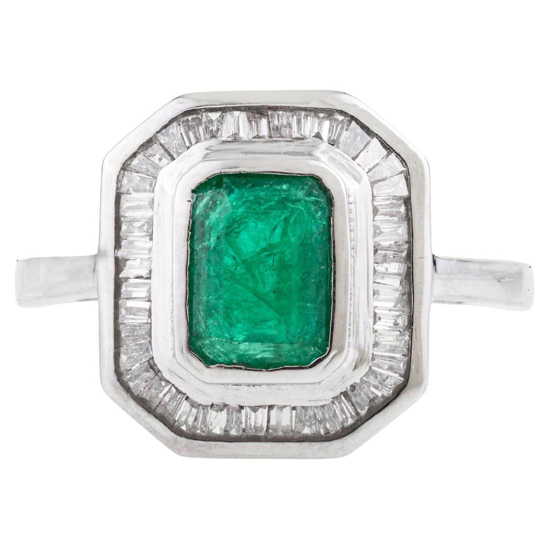 Vintage Inspired 1.06Ct Emerald & Baguette Diamond Halo Ring in 14K White Gold