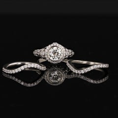 Vintage Inspired 1.13ct Round Diamond & Halo Pave Diamond Engagement Ring Set