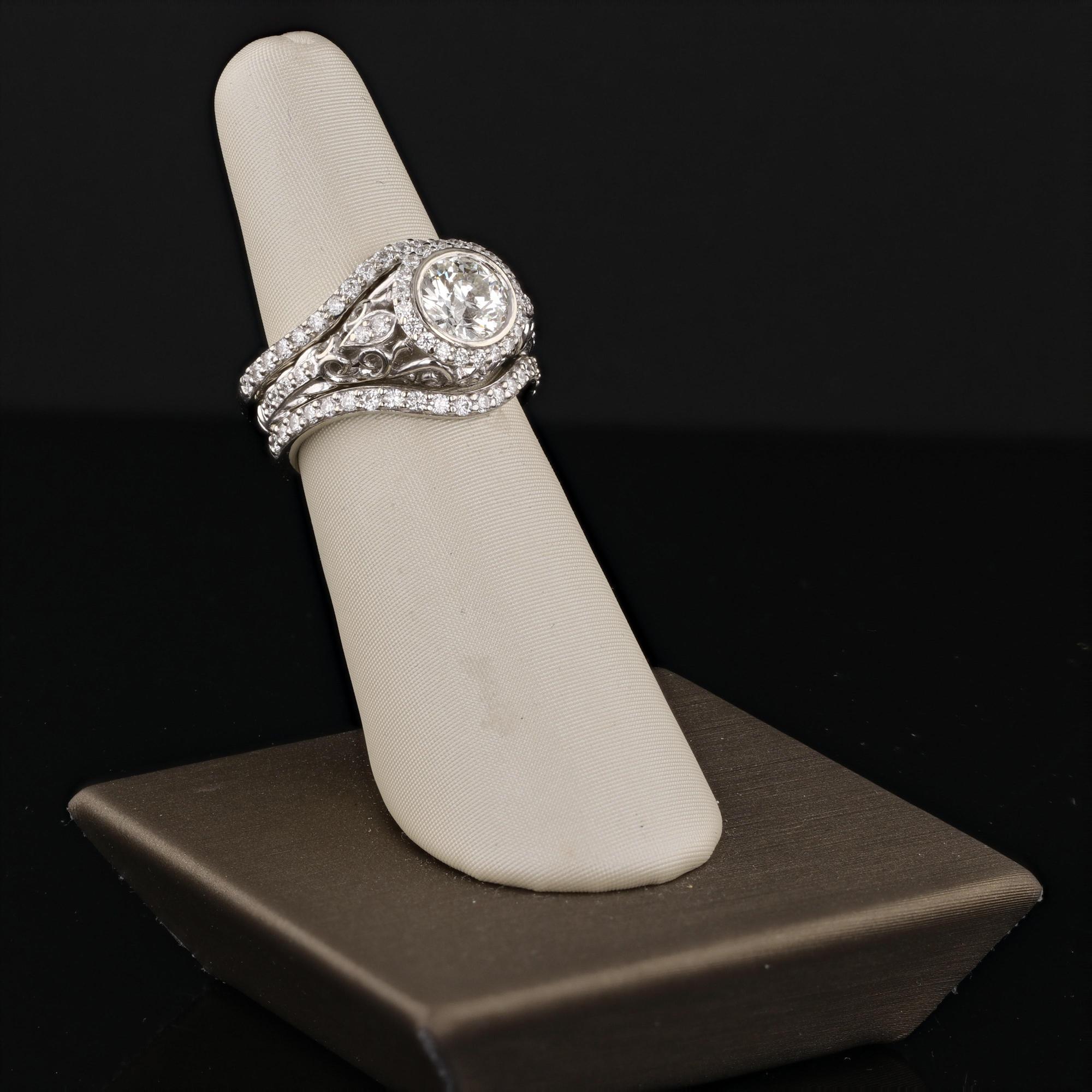 Art Deco Vintage Inspired 1.13ct Round Diamond & Halo Pave Diamond Engagement Ring Set For Sale