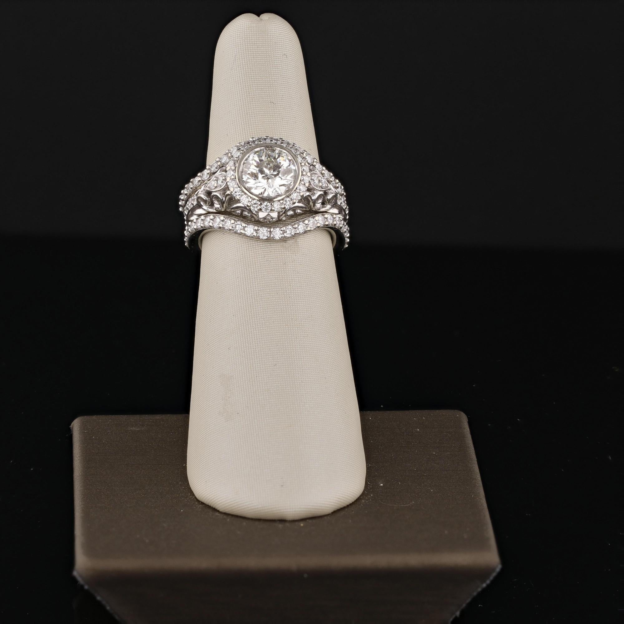 Brilliant Cut Vintage Inspired 1.13ct Round Diamond & Halo Pave Diamond Engagement Ring Set For Sale