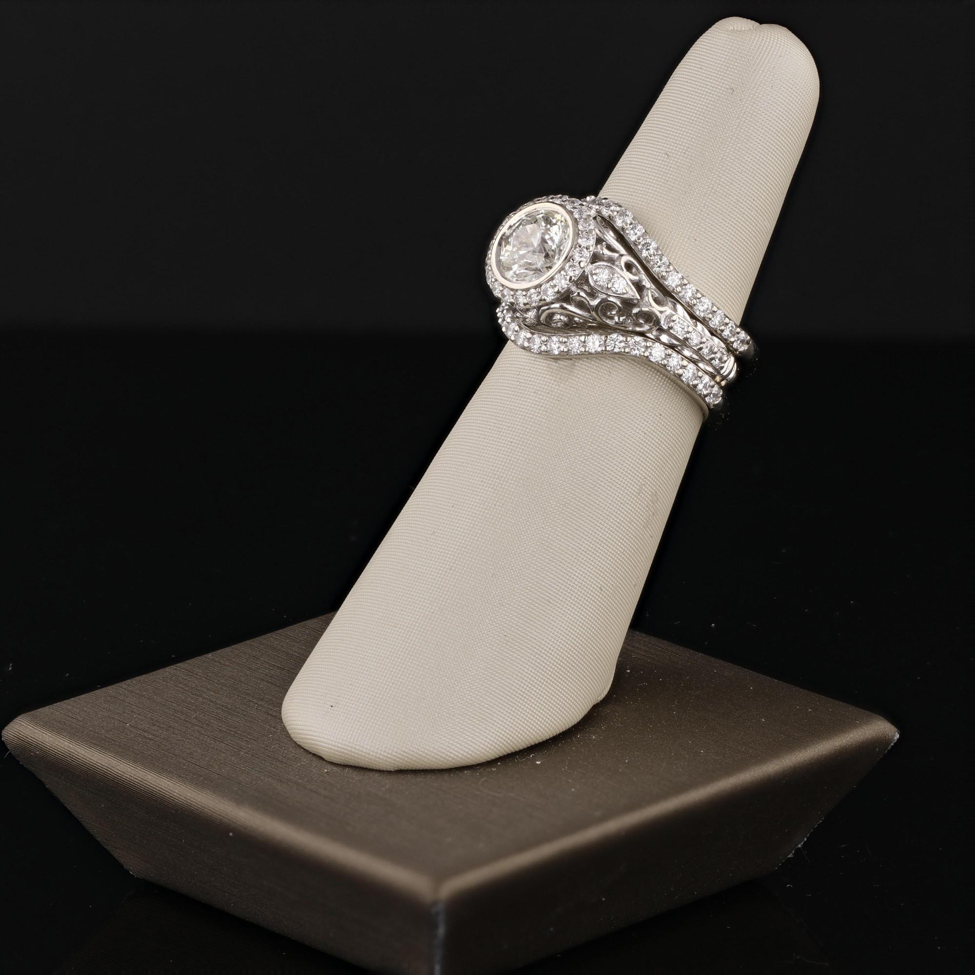 Vintage Inspired 1.13ct Round Diamond & Halo Pave Diamond Engagement Ring Set In Good Condition For Sale In Newton, MA