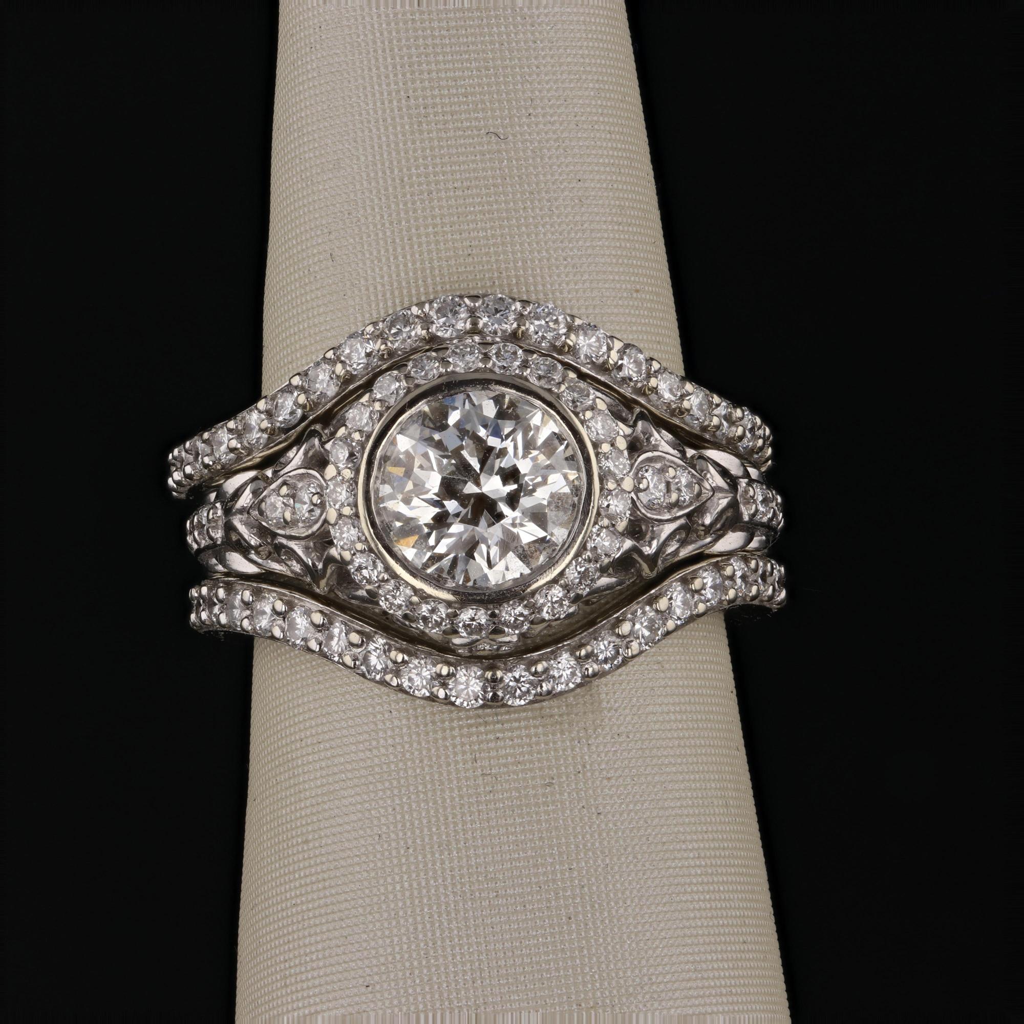 Vintage Inspired 1.13ct Round Diamond & Halo Pave Diamond Engagement Ring Set  For Sale 1