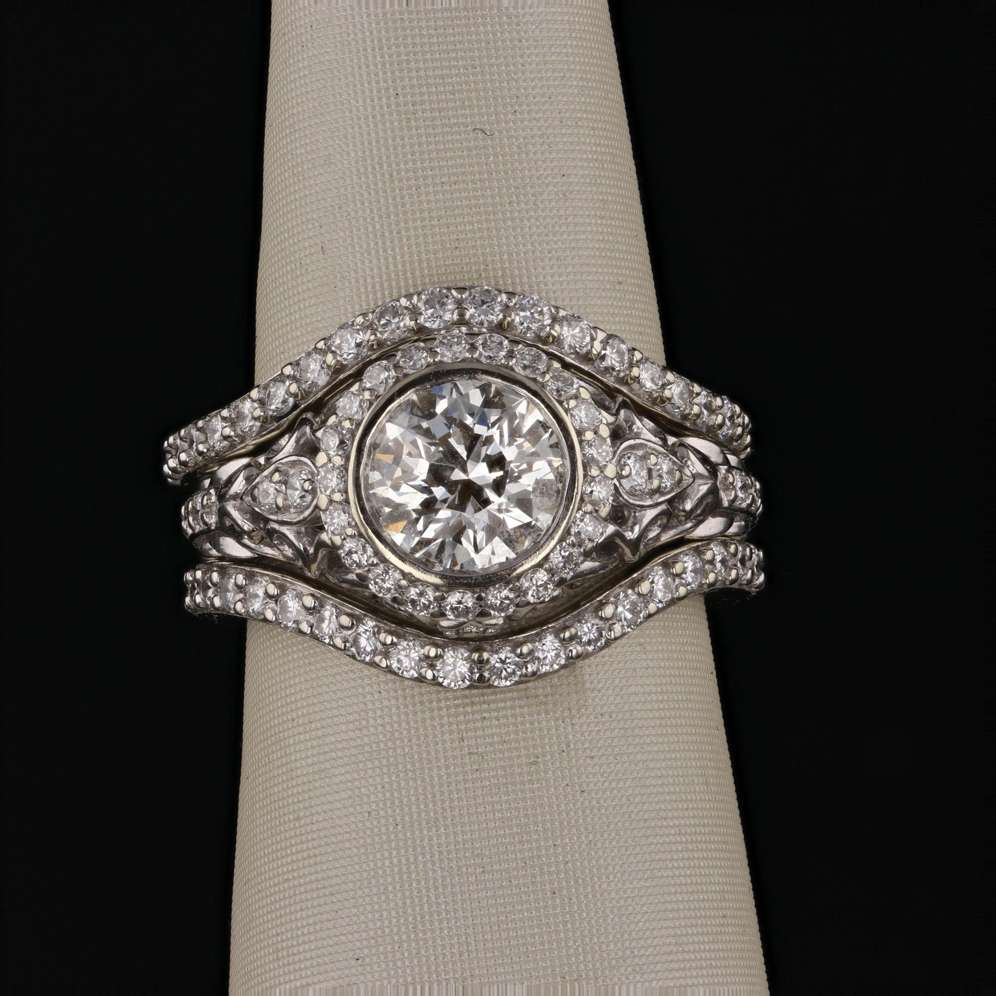 Vintage Inspired 1.13ct Round Diamond & Halo Pave Diamond Engagement Ring Set For Sale 1