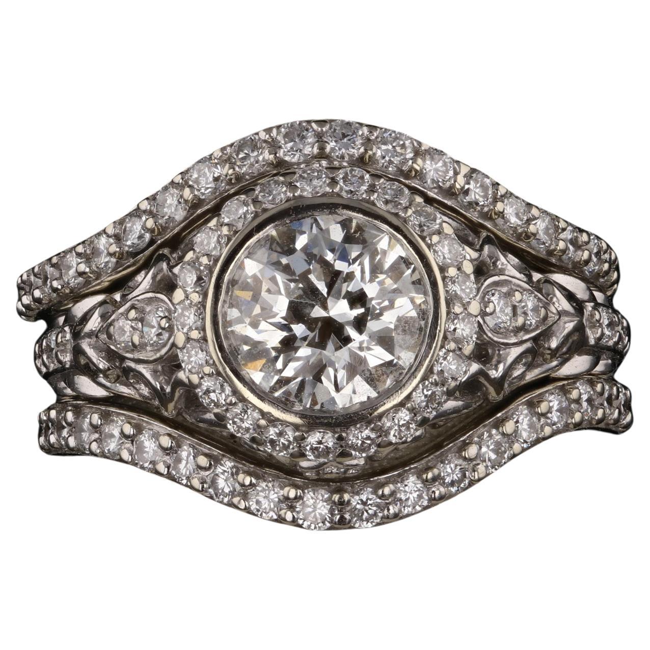 Vintage Inspired 1.13ct Round Diamond & Halo Pave Diamond Engagement Ring Set 