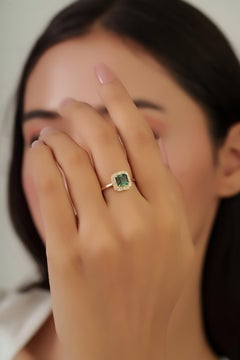 Vintage Inspired 1.22ct Green Tourmaline & Diamond Halo Ring in 14K Yellow Gold