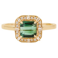 Vintage Inspired 1.22ct Green Tourmaline & Diamond Halo Ring in 14K Yellow Gold