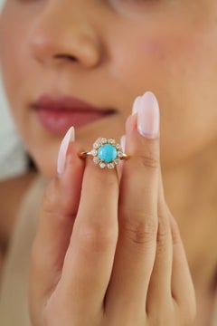 Vintage-Inspired 1.25ct Turquoise & Diamond Floral Cocktail Ring 14K Yellow Gold