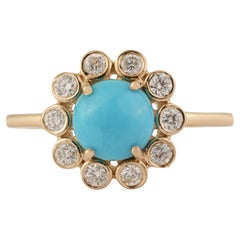 Vintage-Inspired 1.25ct Turquoise & Diamond Floral Cocktail Ring 14K Yellow Gold
