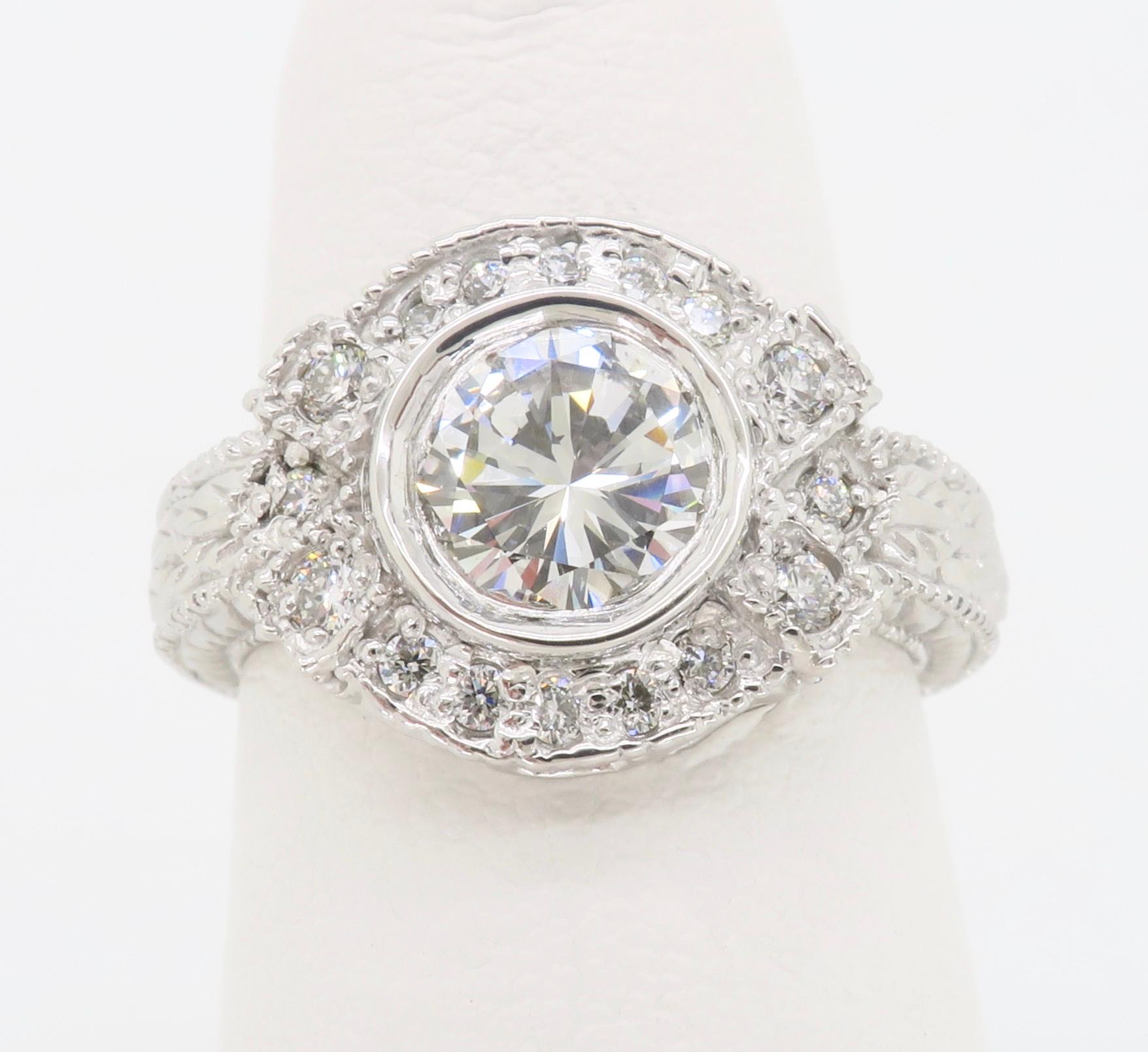 Vintage Inspired 1.27 Carat Diamond Ring Made in 14 Karat White Gold For Sale 6