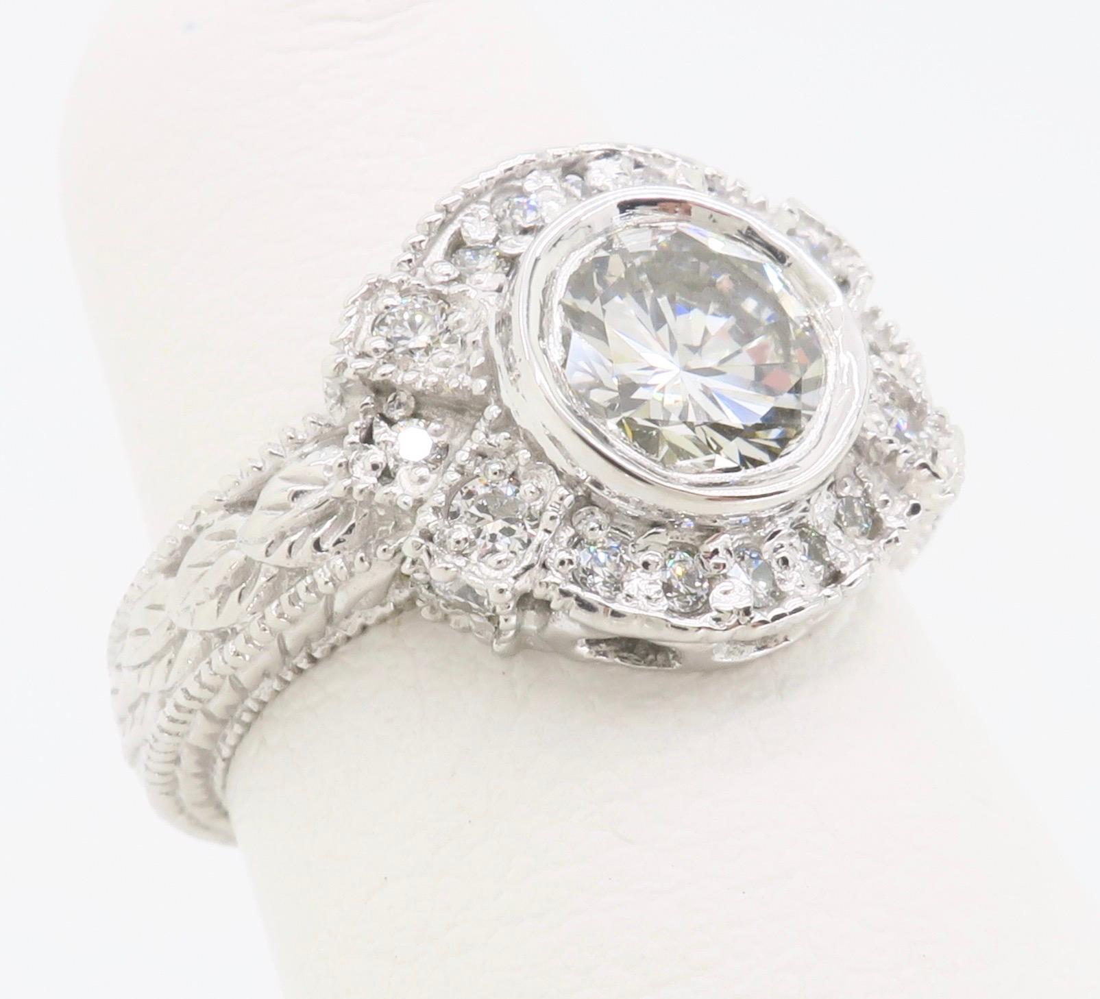 Vintage Inspired 1.27 Carat Diamond Ring Made in 14 Karat White Gold For Sale 7