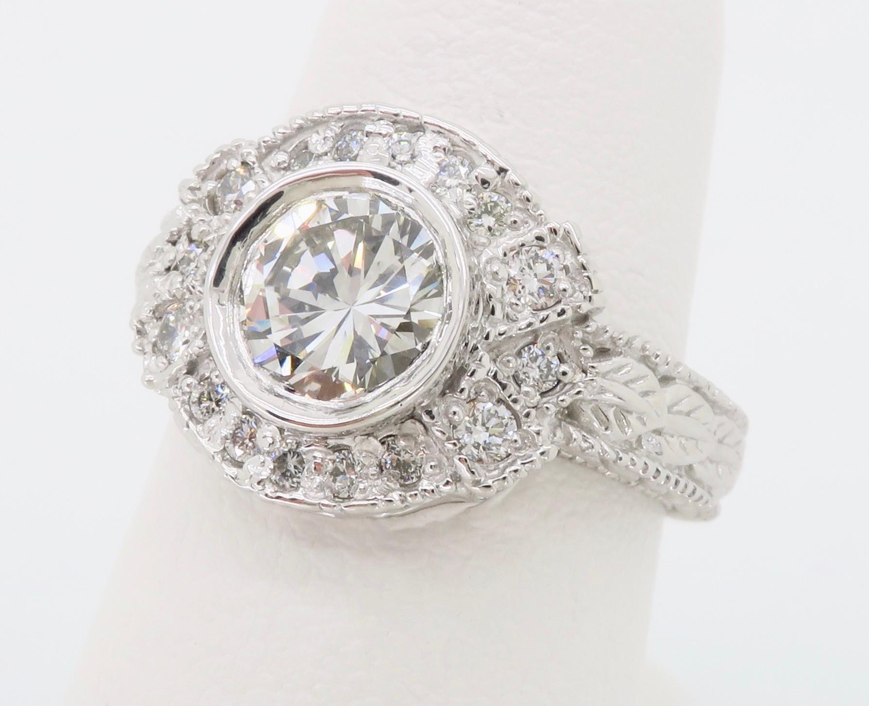 Vintage Inspired 1.27 Carat Diamond Ring Made in 14 Karat White Gold For Sale 8