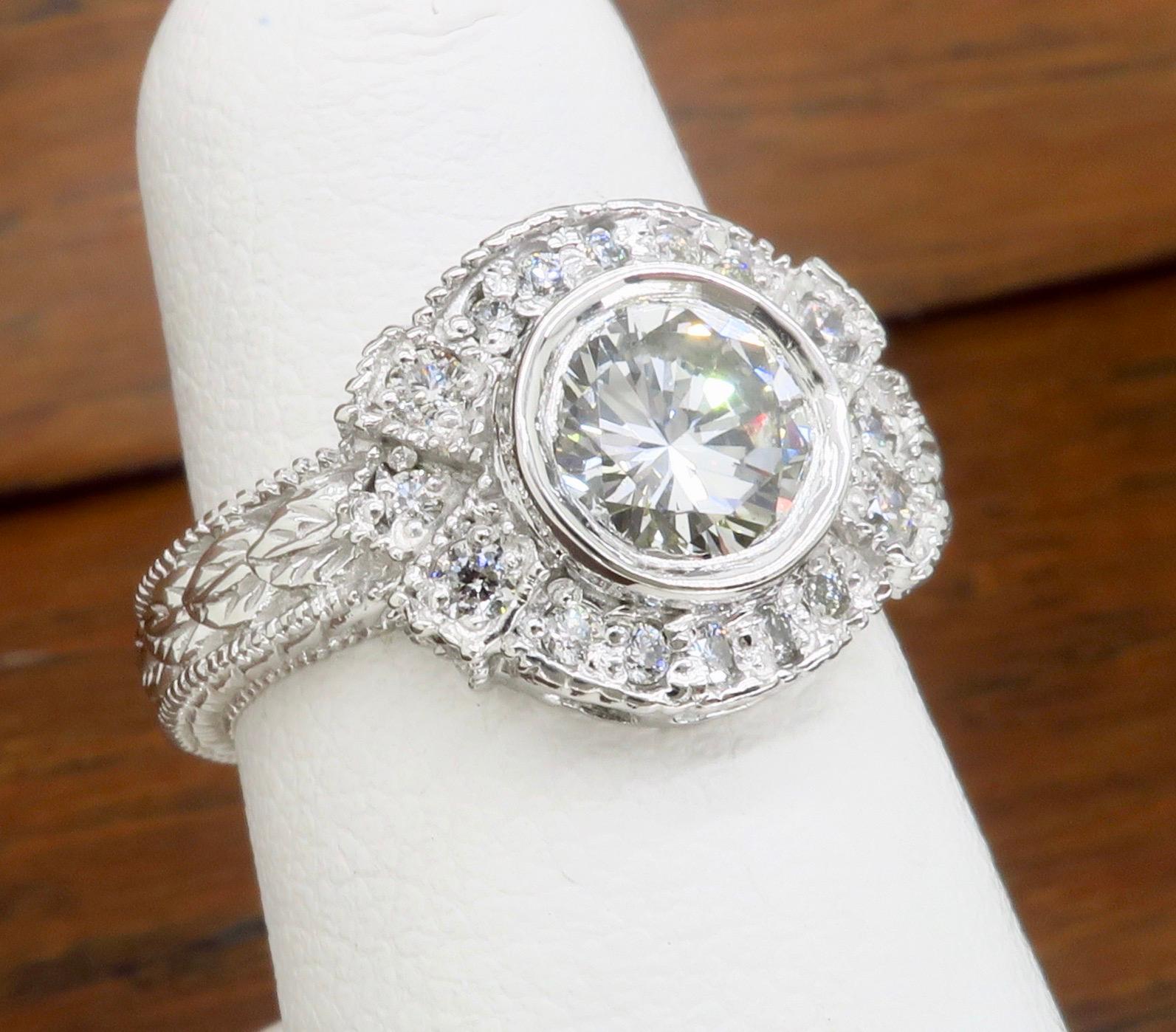 Vintage Inspired 1.27 Carat Diamond Ring Made in 14 Karat White Gold For Sale 9