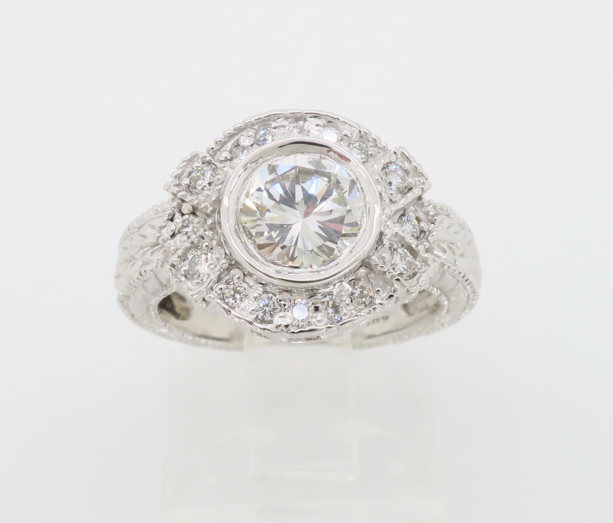 Vintage Inspired 1.27 Carat Diamond Ring Made in 14 Karat White Gold In New Condition For Sale In Webster, NY