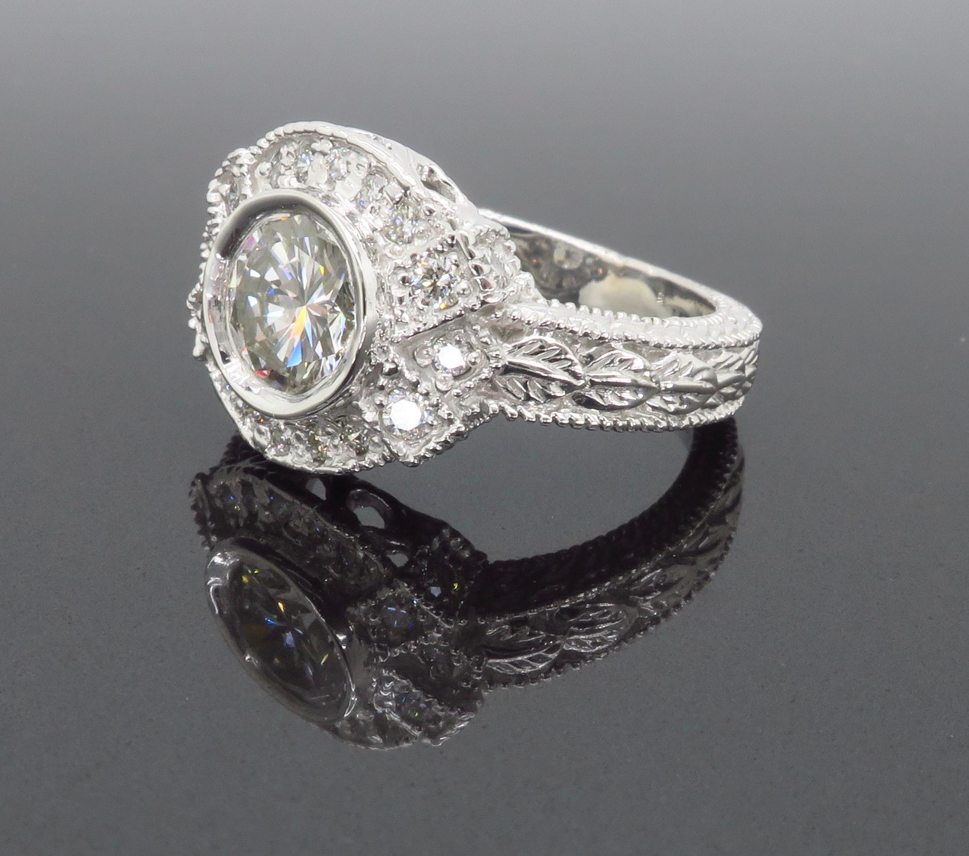 Vintage Inspired 1.27 Carat Diamond Ring Made in 14 Karat White Gold For Sale 3