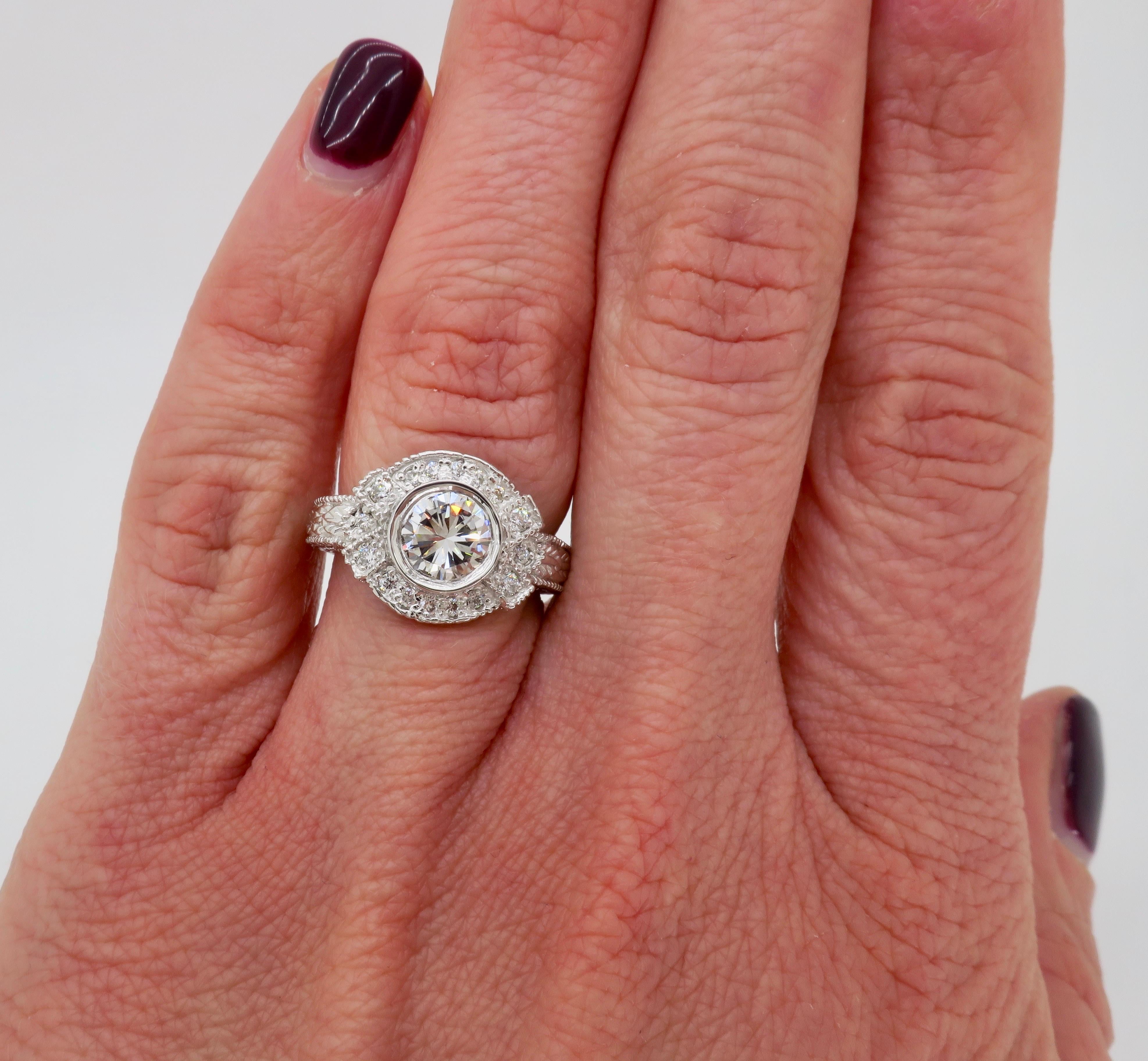Vintage Inspired 1.27 Carat Diamond Ring Made in 14 Karat White Gold For Sale 4