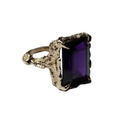 Vintage Inspired 14 Karat Yellow Gold Emerald Cut Royal Amethyst Cocktail Ring