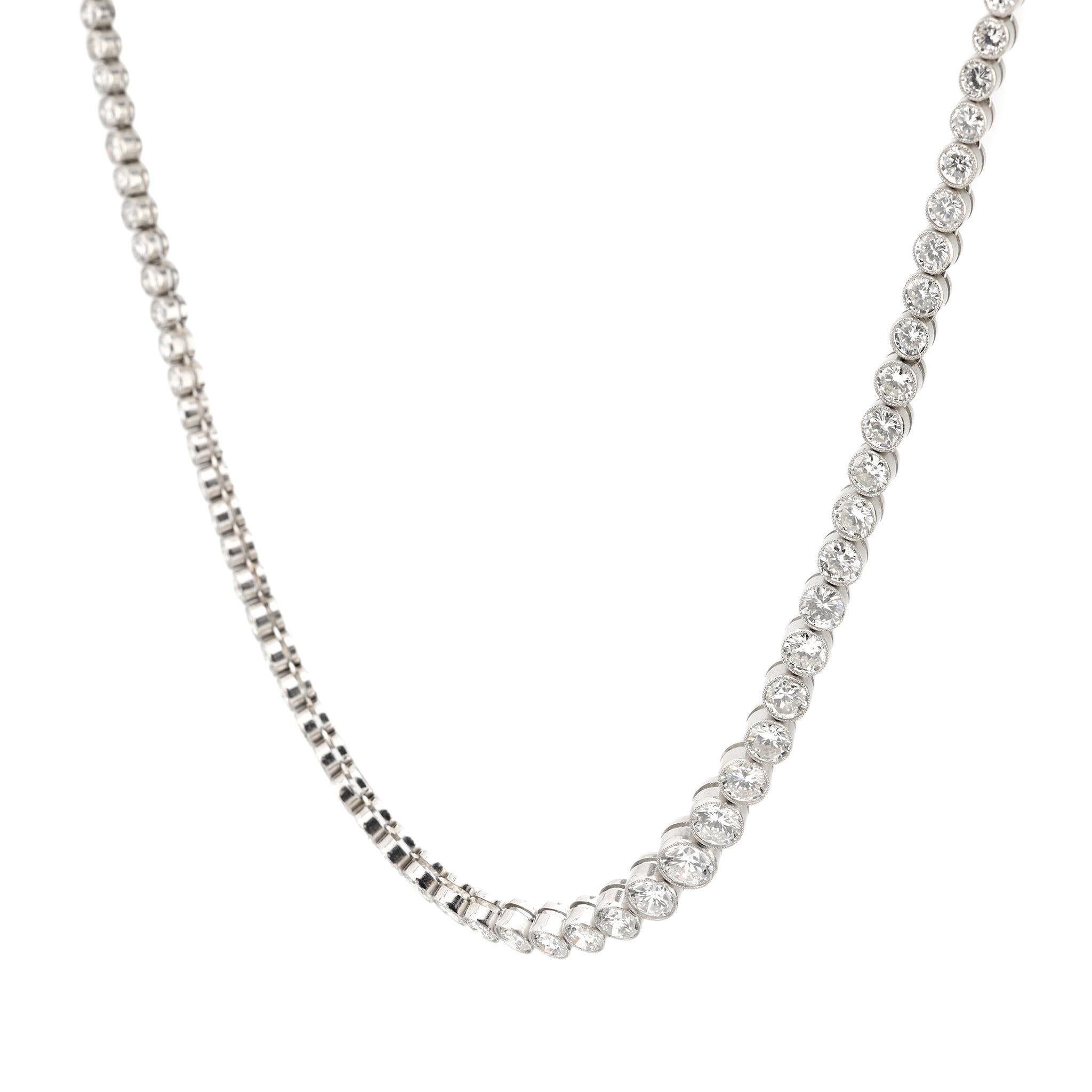 Modern Vintage Inspired 14.58 carat total diamond weight platinum riviera necklace For Sale