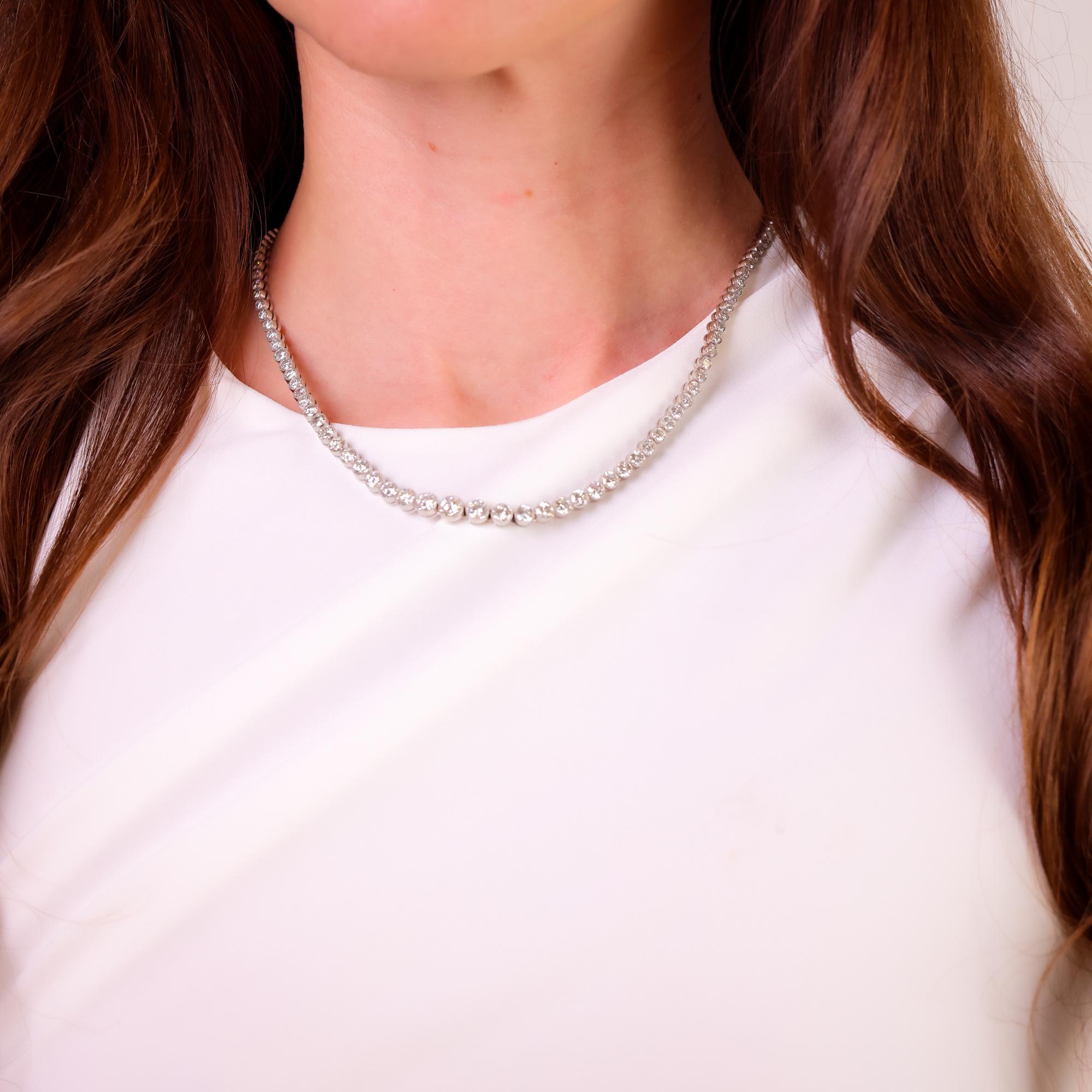 Brilliant Cut Vintage Inspired 14.58 carat total diamond weight platinum riviera necklace For Sale
