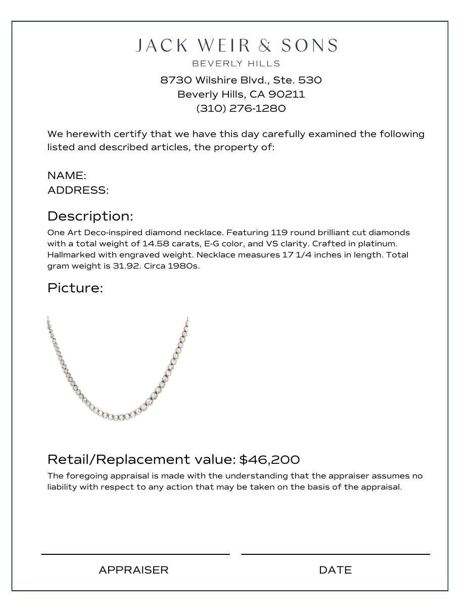 Vintage Inspired 14.58 carat total diamond weight platinum riviera necklace In Excellent Condition For Sale In Beverly Hills, CA