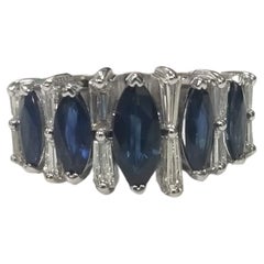 Vintage Inspired 14k W/Gold Marquise Sapphire & Baguette Diamond Wedding Ring