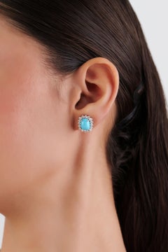 Vintage-Inspired 14K White Gold 3.88ct Turquoise & Diamond Halo Stud Earrings