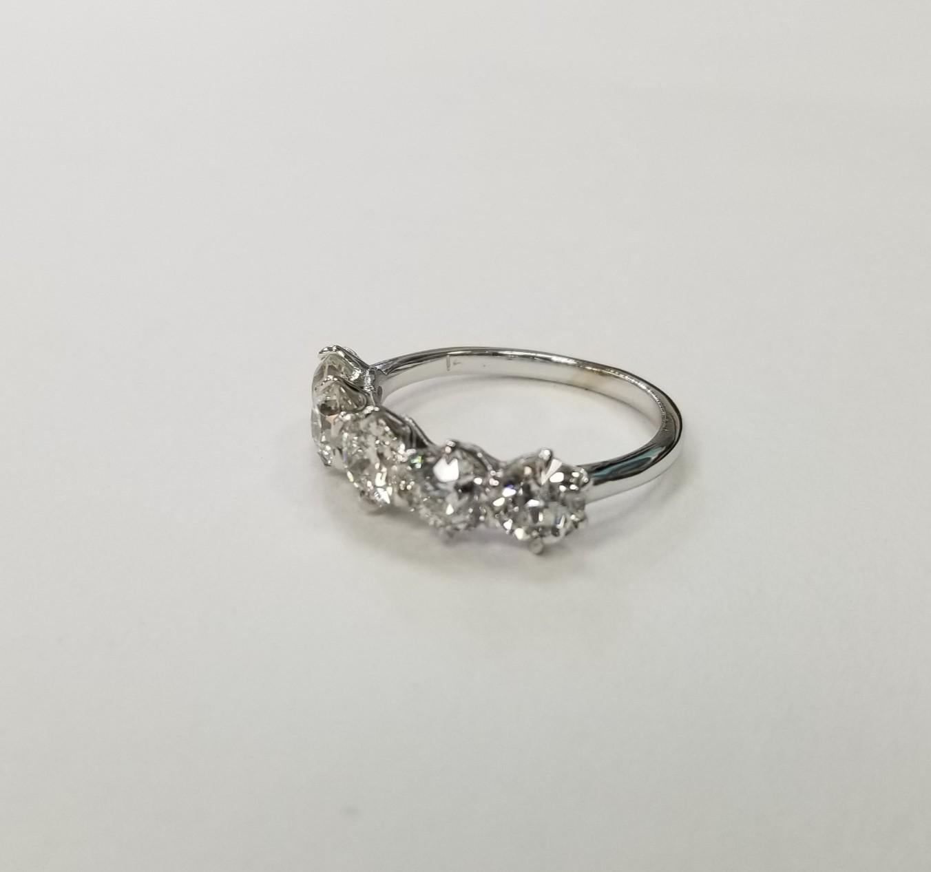 14k white gold 5 stone Old European cut diamond Anniversary ring 2.50cts., containing 5 Old European cut diamond; color 
