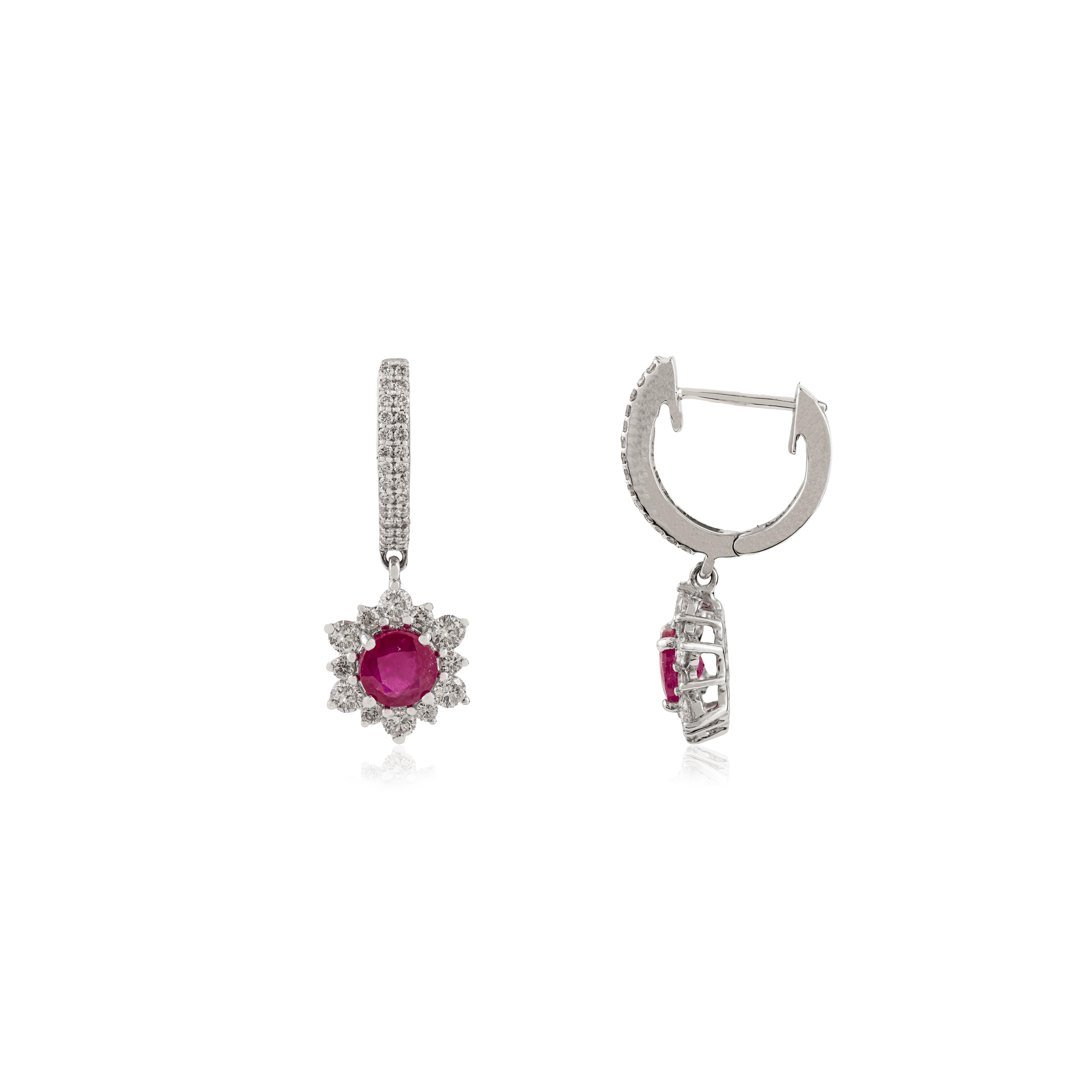 Vintage-Inspired 14K White Gold Drop Earrings with 1.7 Ct Ruby 
Diamond Halo For Sale