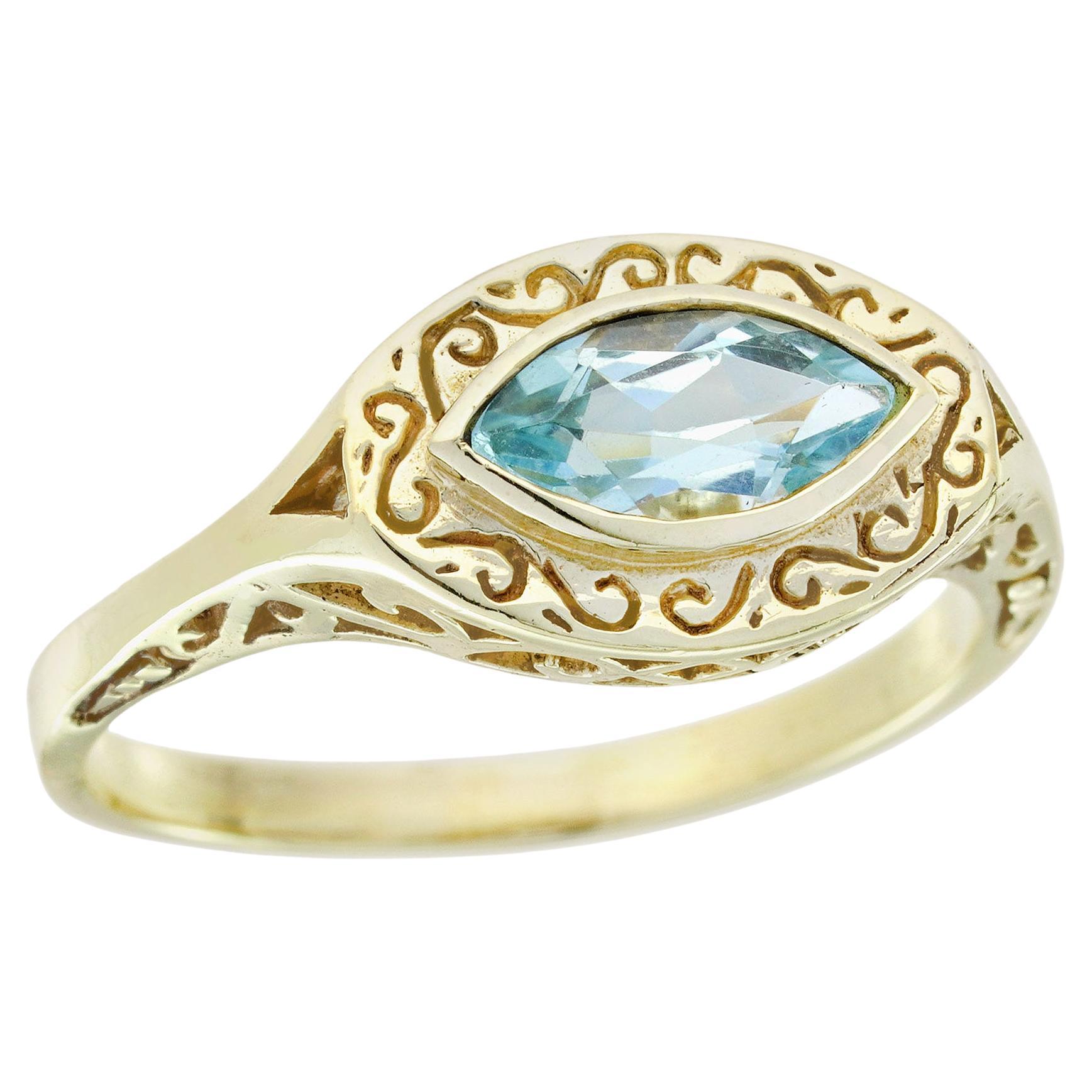Vintage-inspirierter 14K Gelbgold 0,50ct Marquise Blauer Topas Ring im Angebot
