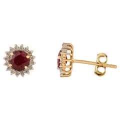 Vintage-inspired 14K Yellow Gold 1.22Ct Ruby & Diamond Sunburst Stud Earrings