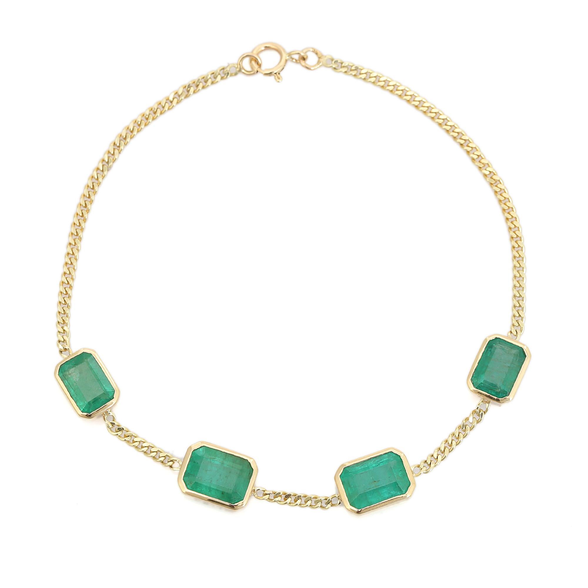 Bracelet d'inspiration vintage en or jaune 14k serti d'émeraudes pour femmes en vente 3